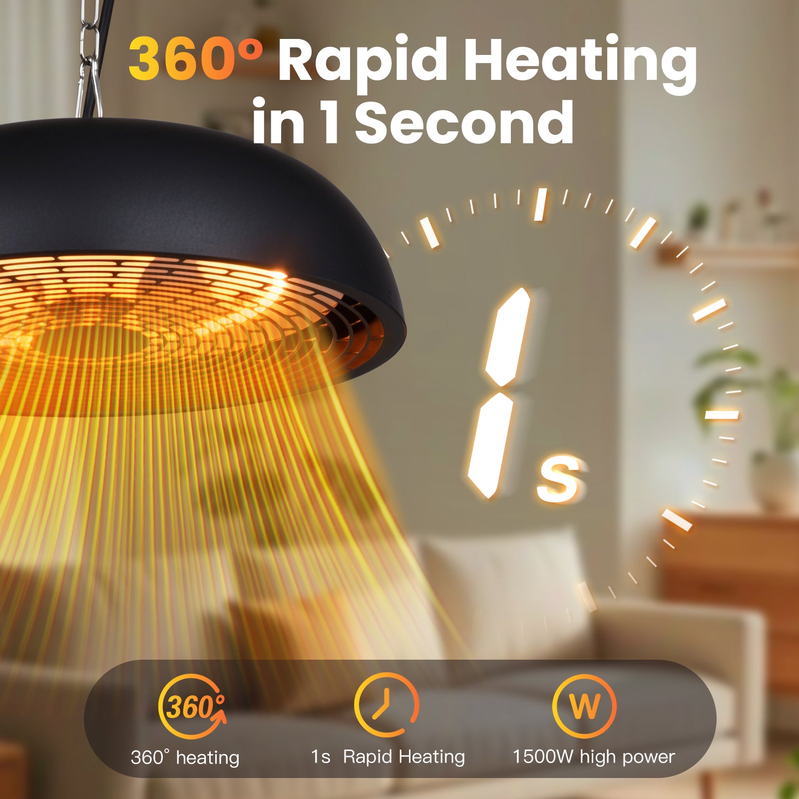 Black heating lamp with radiant heat beams in a room setting, highlighting rapid heating capabilities.