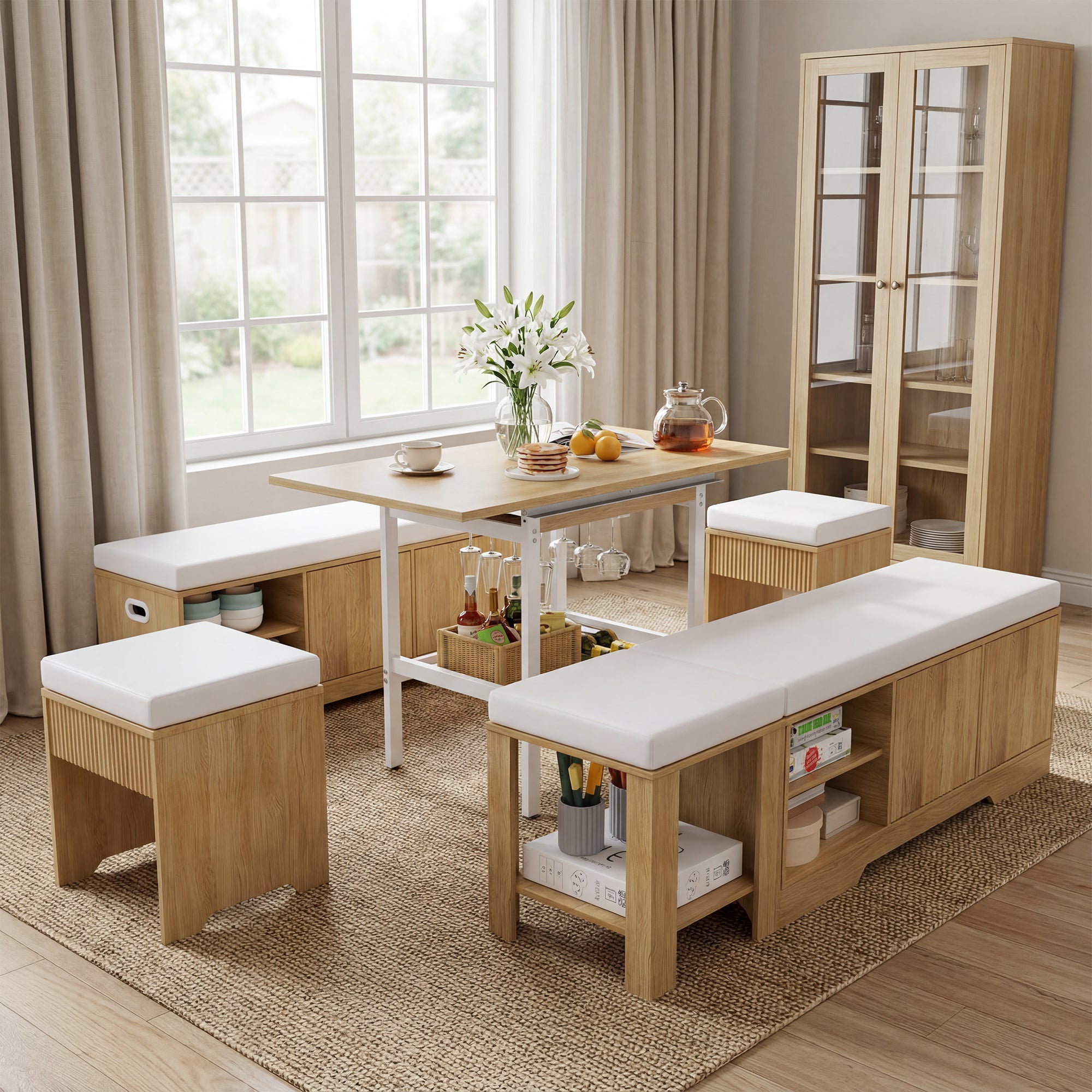 Modern kitchen with wooden furniture, table, and benches.