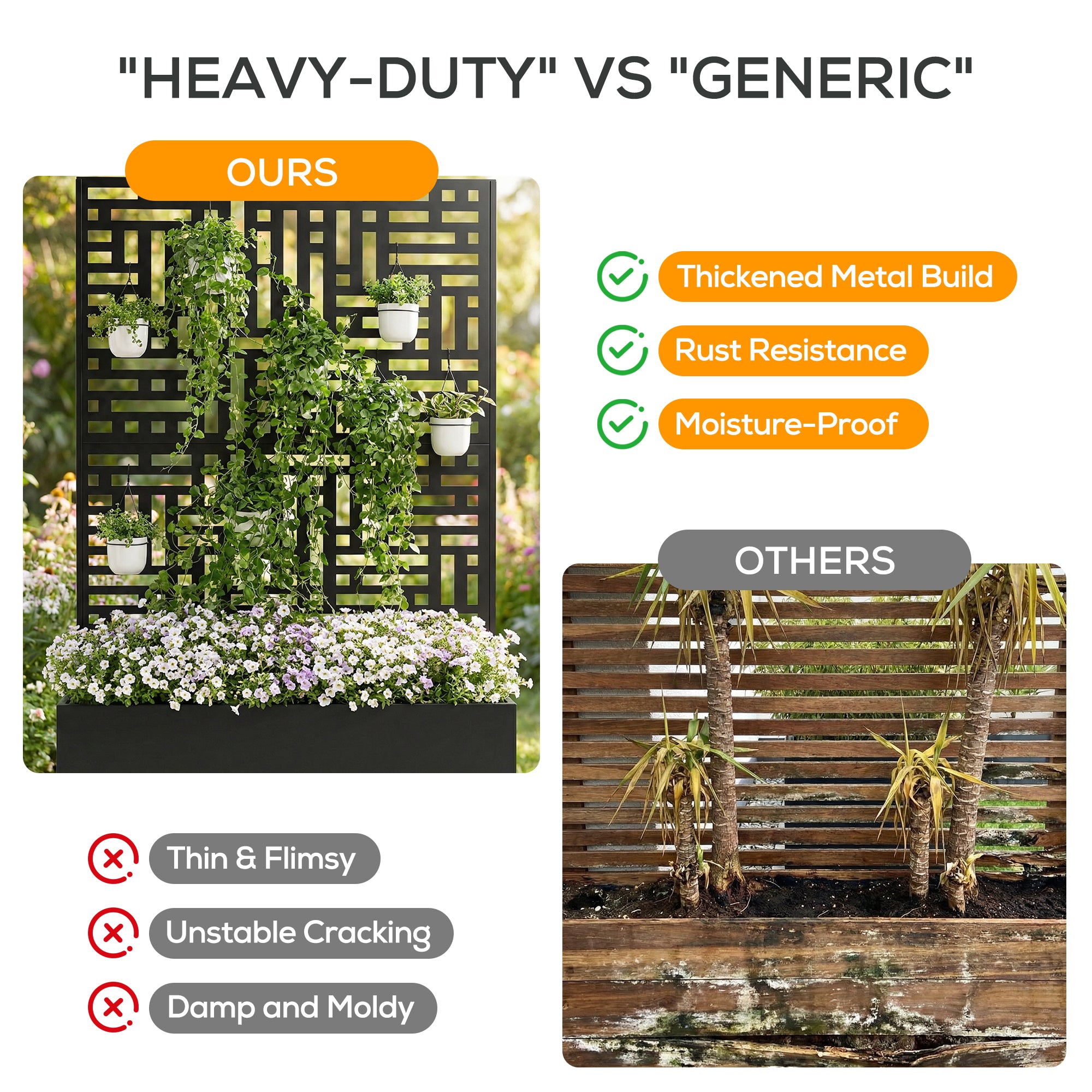 Comparison of 'Heavy-Duty' vs 'Generic' garden trellis with text highlighting features.