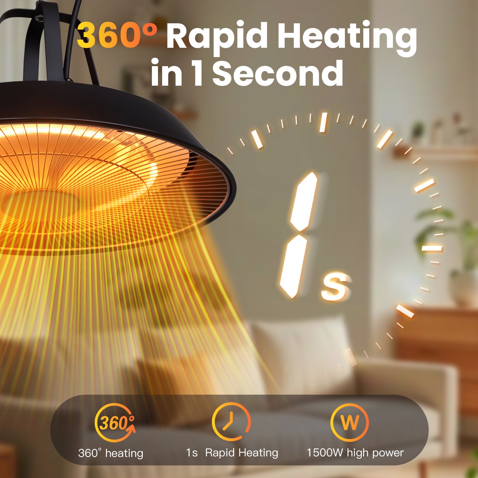 Heating lamp with text '360° Rapid Heating in 1 Second' in a home setting.