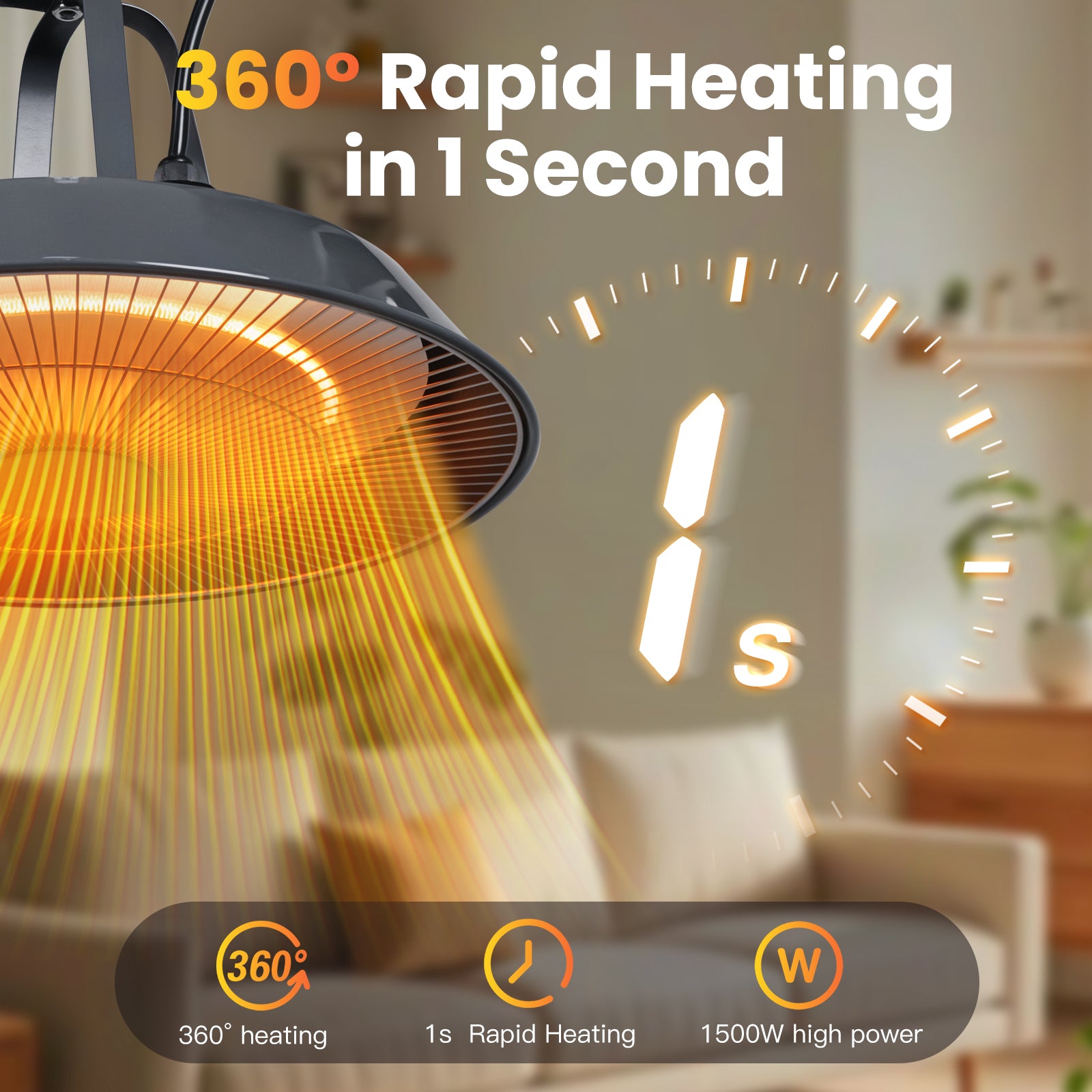 Heating device with 360-degree heating in 1 second text in a living room setting.