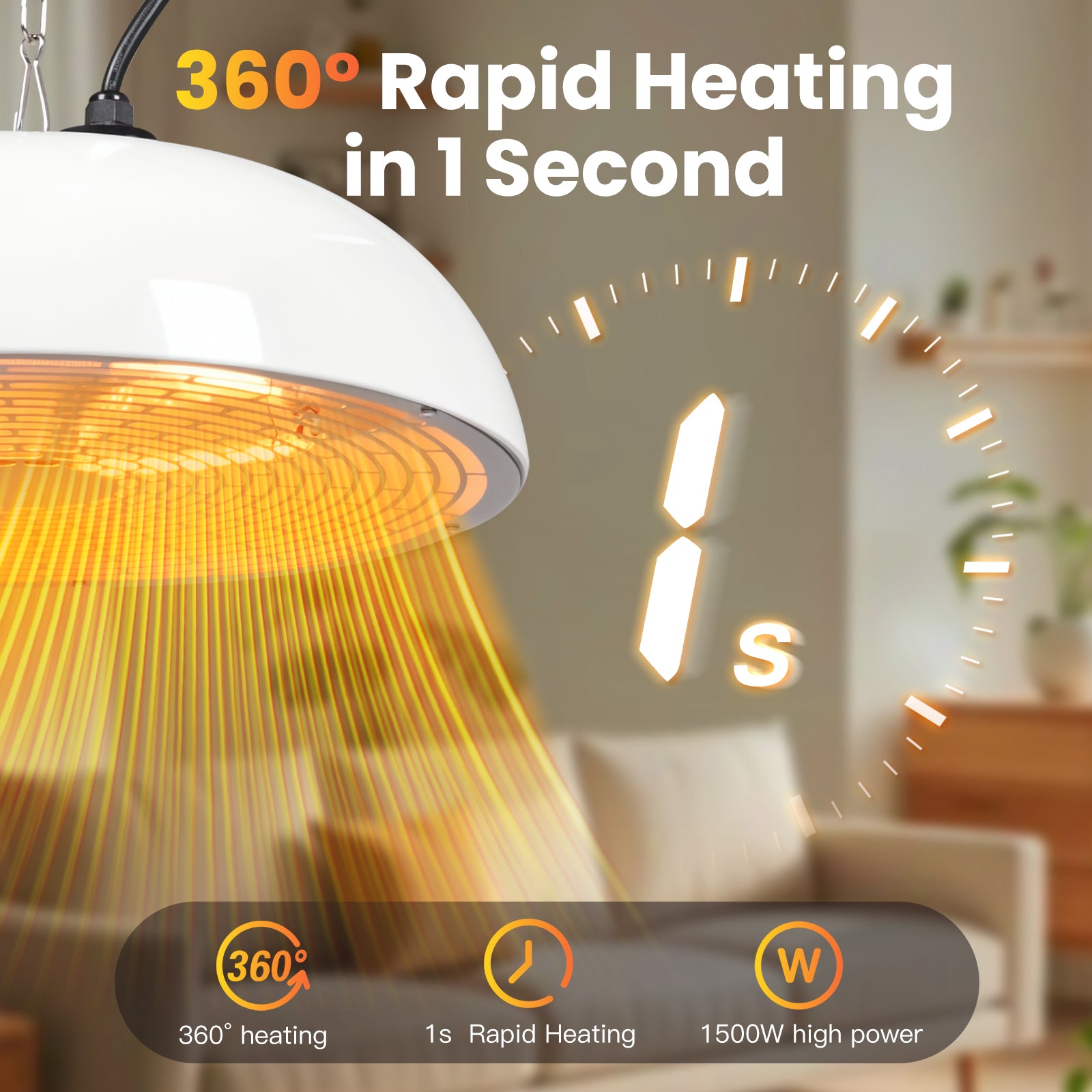 Heating lamp with text '360° Rapid Heating in 1 Second' in a home setting.