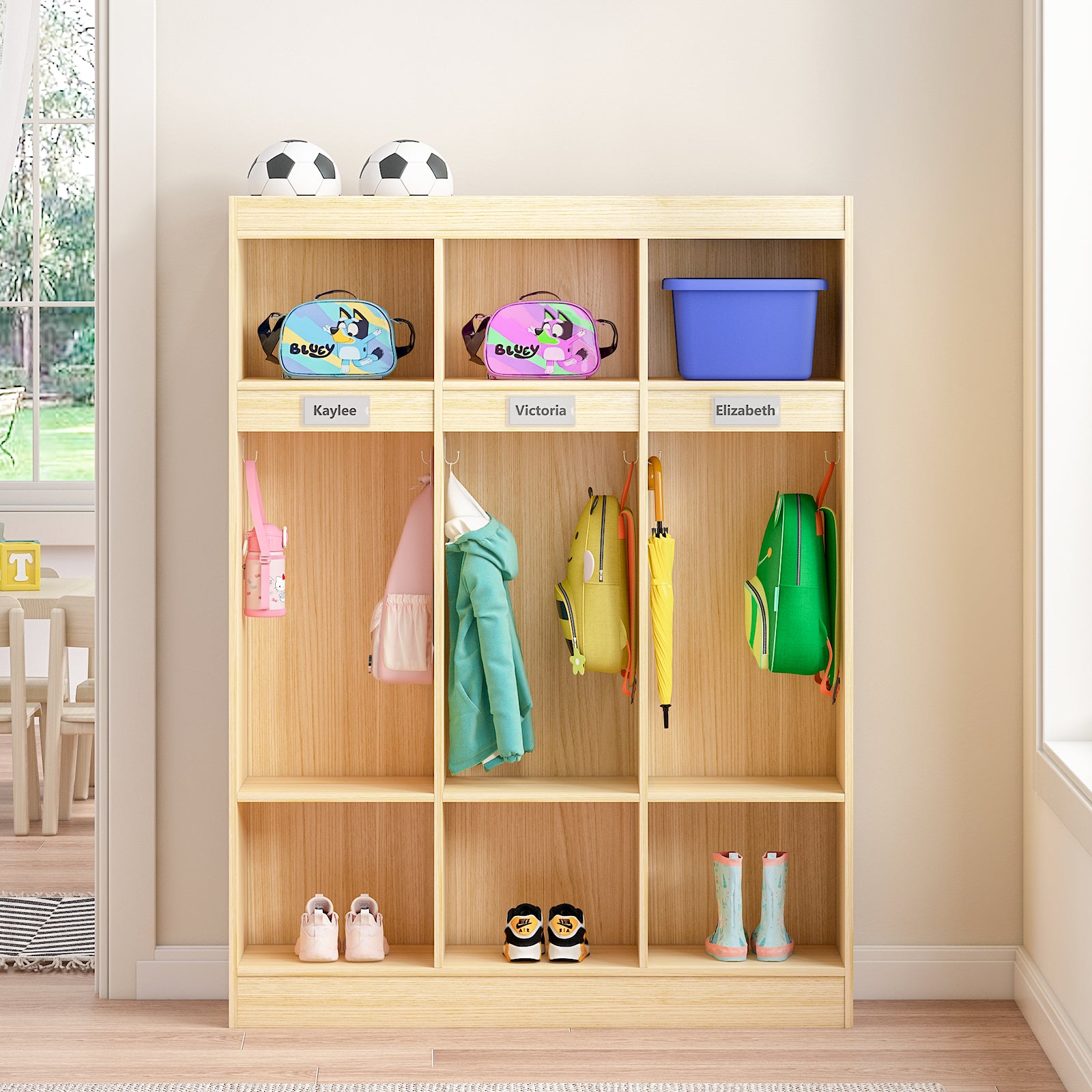Wooden locker with personal items labeled on a light-colored floor.