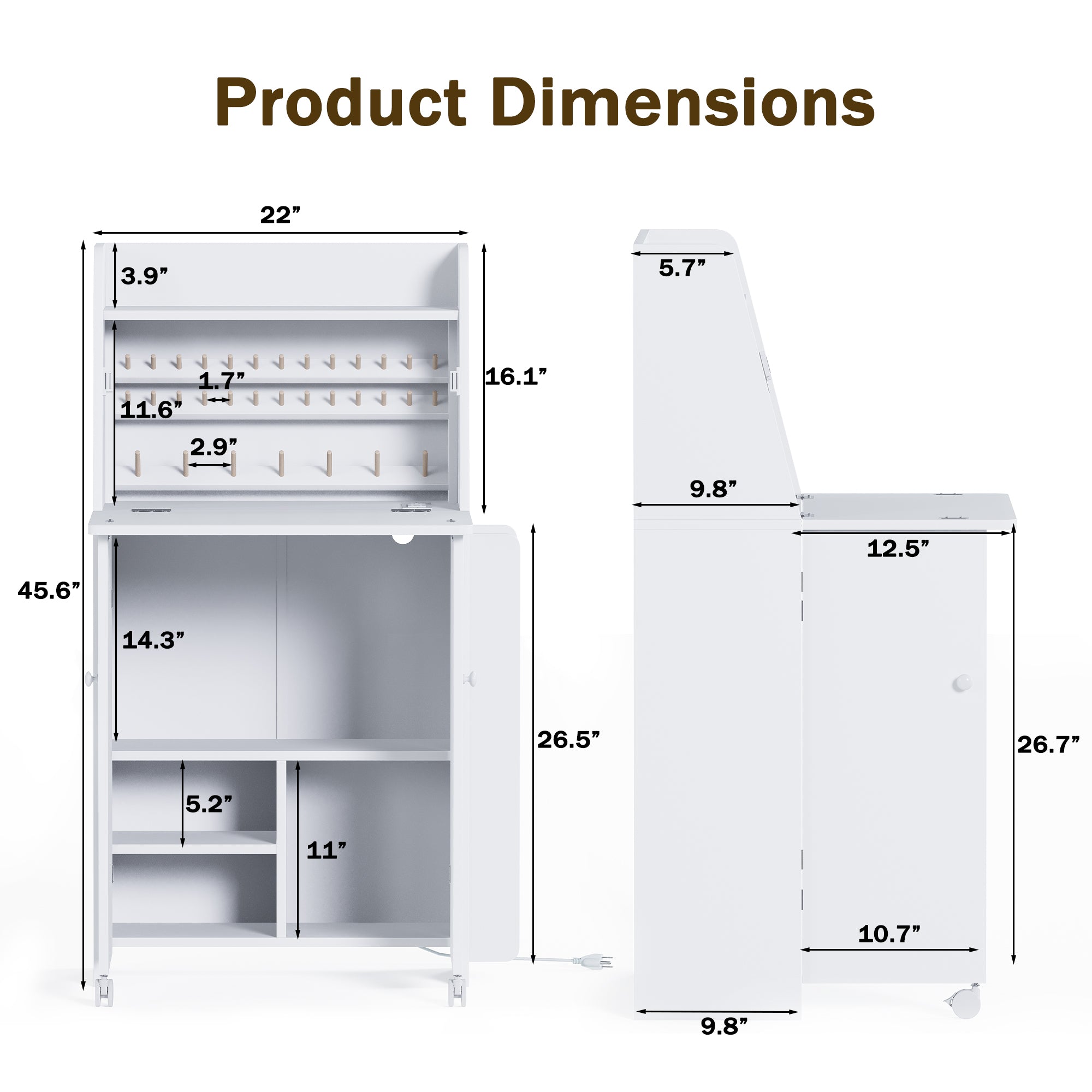 Dimensions of a white jewelry cabinet with measurements in inches.