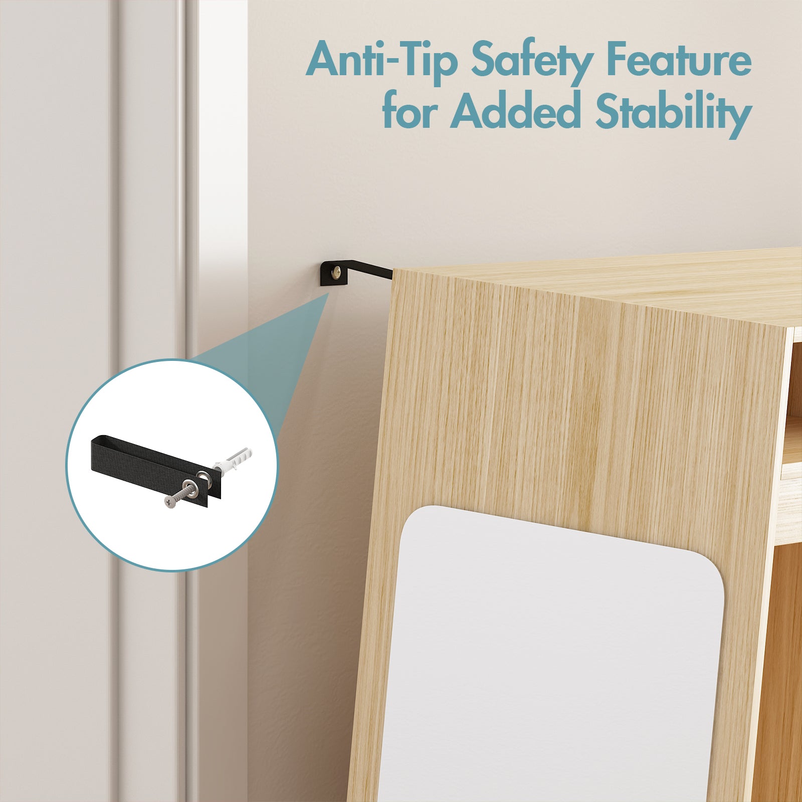 Wooden cabinet with anti-tip safety feature and text 'Anti-Tip Safety Feature for Added Stability'.