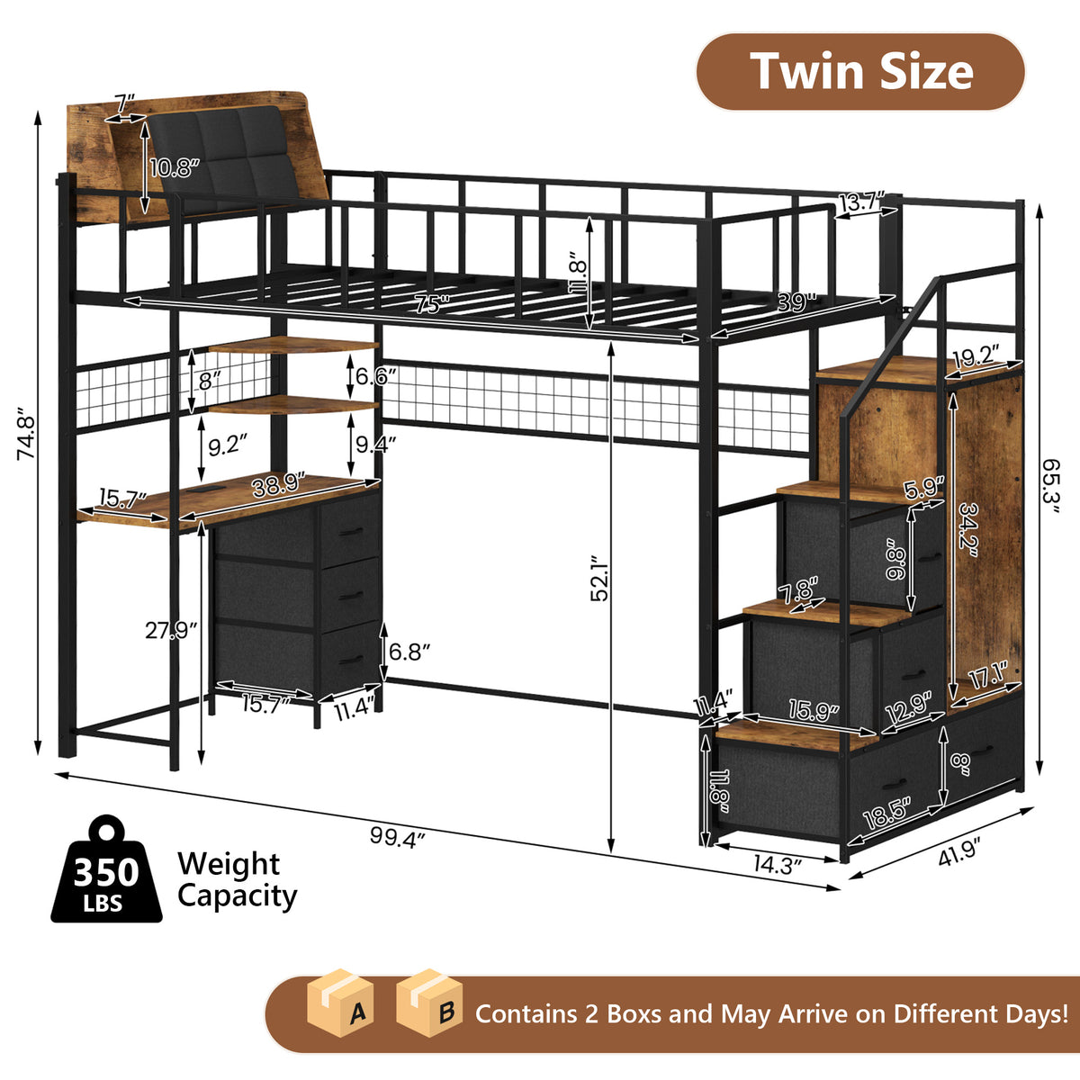 Advwin Loft Bed with Storage Headboard & Power Outlets