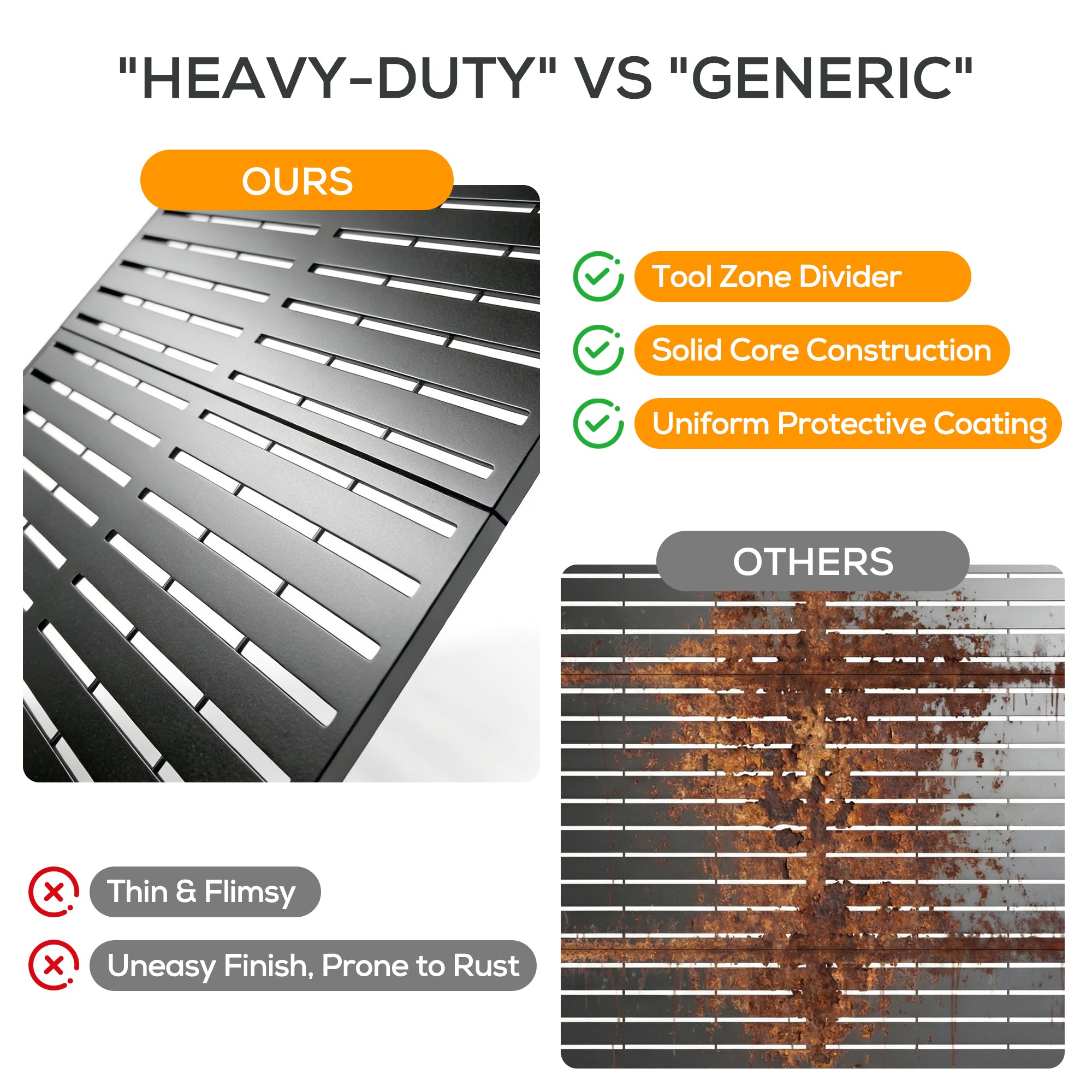Comparison of 'Heavy-Duty' vs 'Generic' metal dividers with text highlighting features.