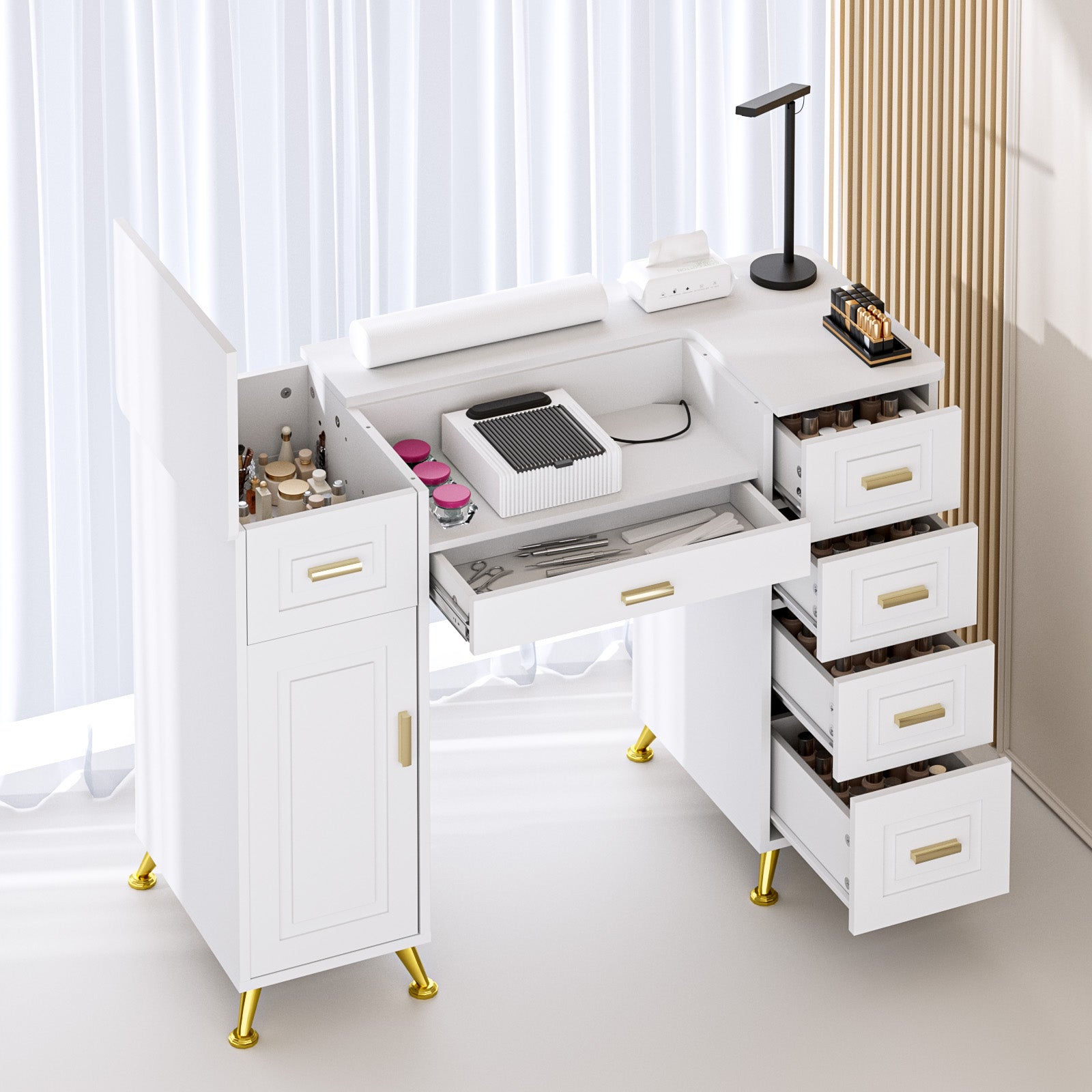 White makeup vanity with drawers and gold accents in a bright room.