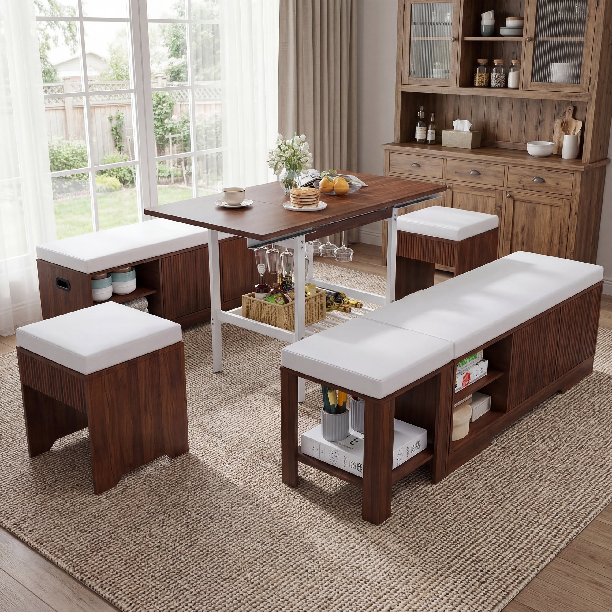 Wooden dining set with benches and a table in a well-lit room.