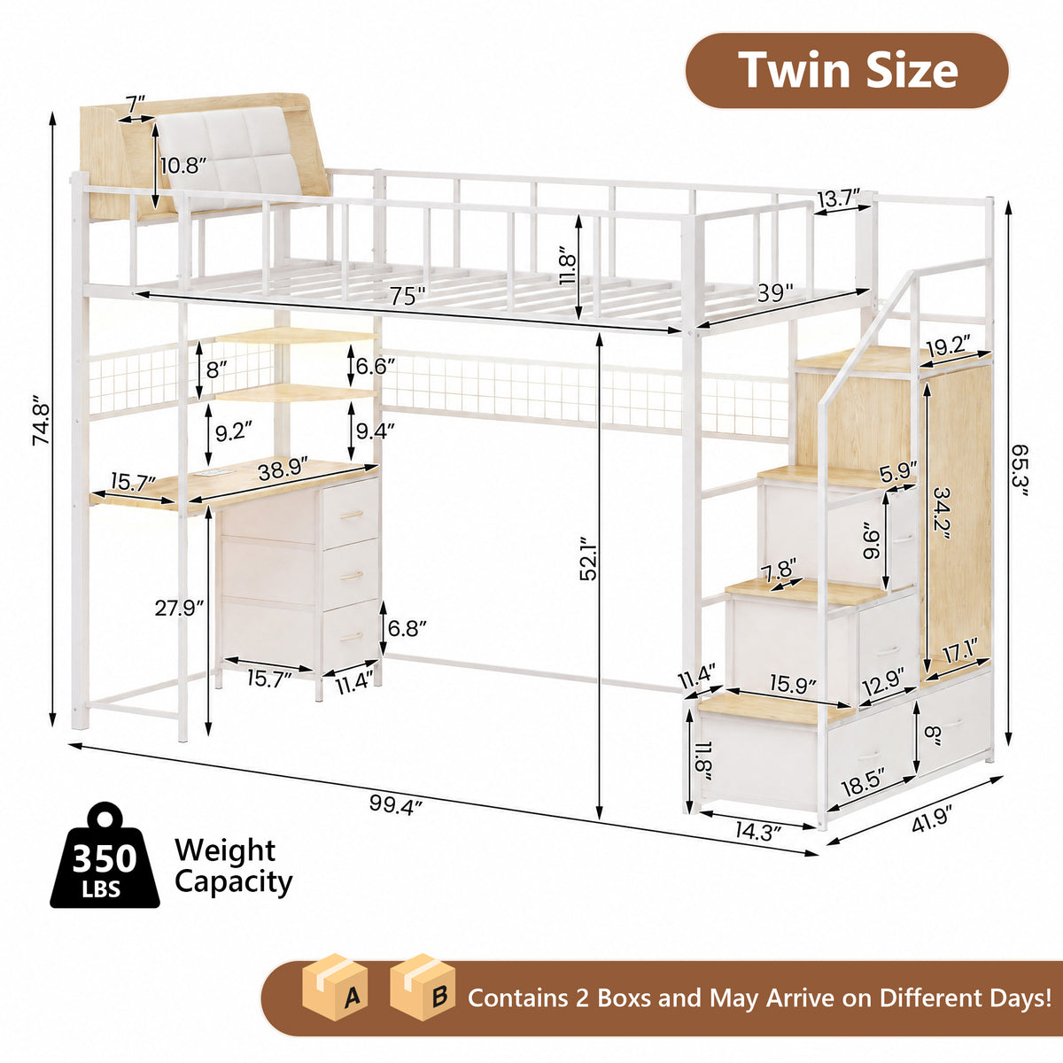 Advwin Loft Bed with Storage Headboard & Power Outlets