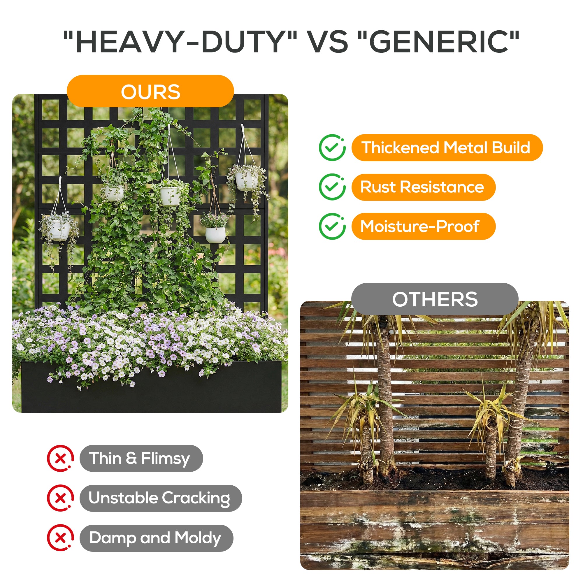 Comparison of 'Heavy-Duty' vs 'Generic' trellis systems with text highlighting features and drawbacks.