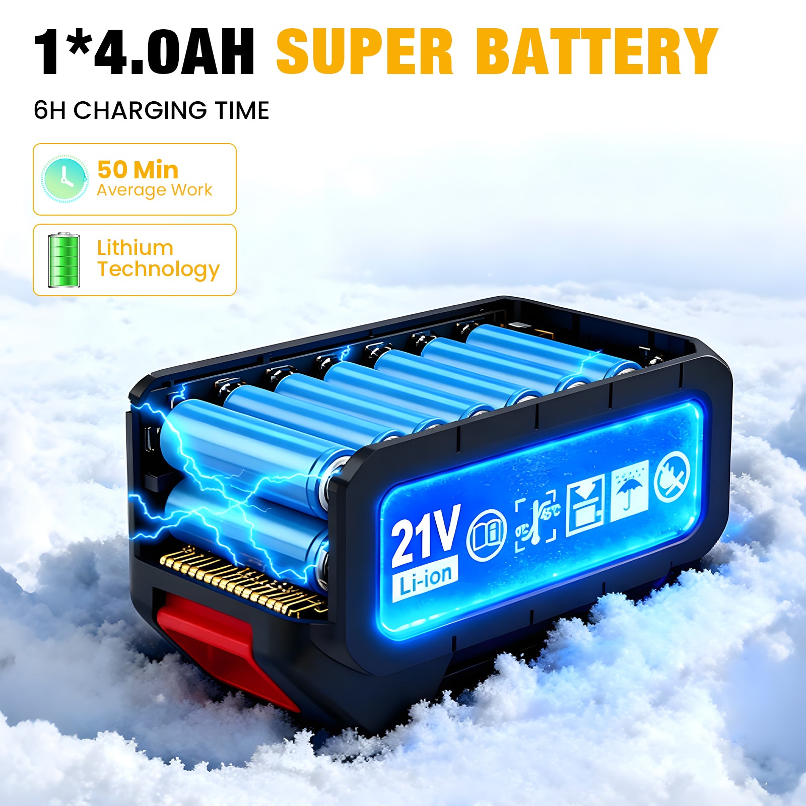 Super battery with charging time and technology details on a snowy background