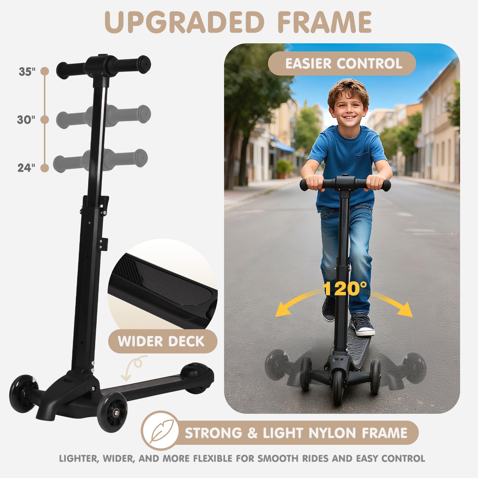 Children's scooter with adjustable frame and wider deck, featuring a boy riding it on a street.