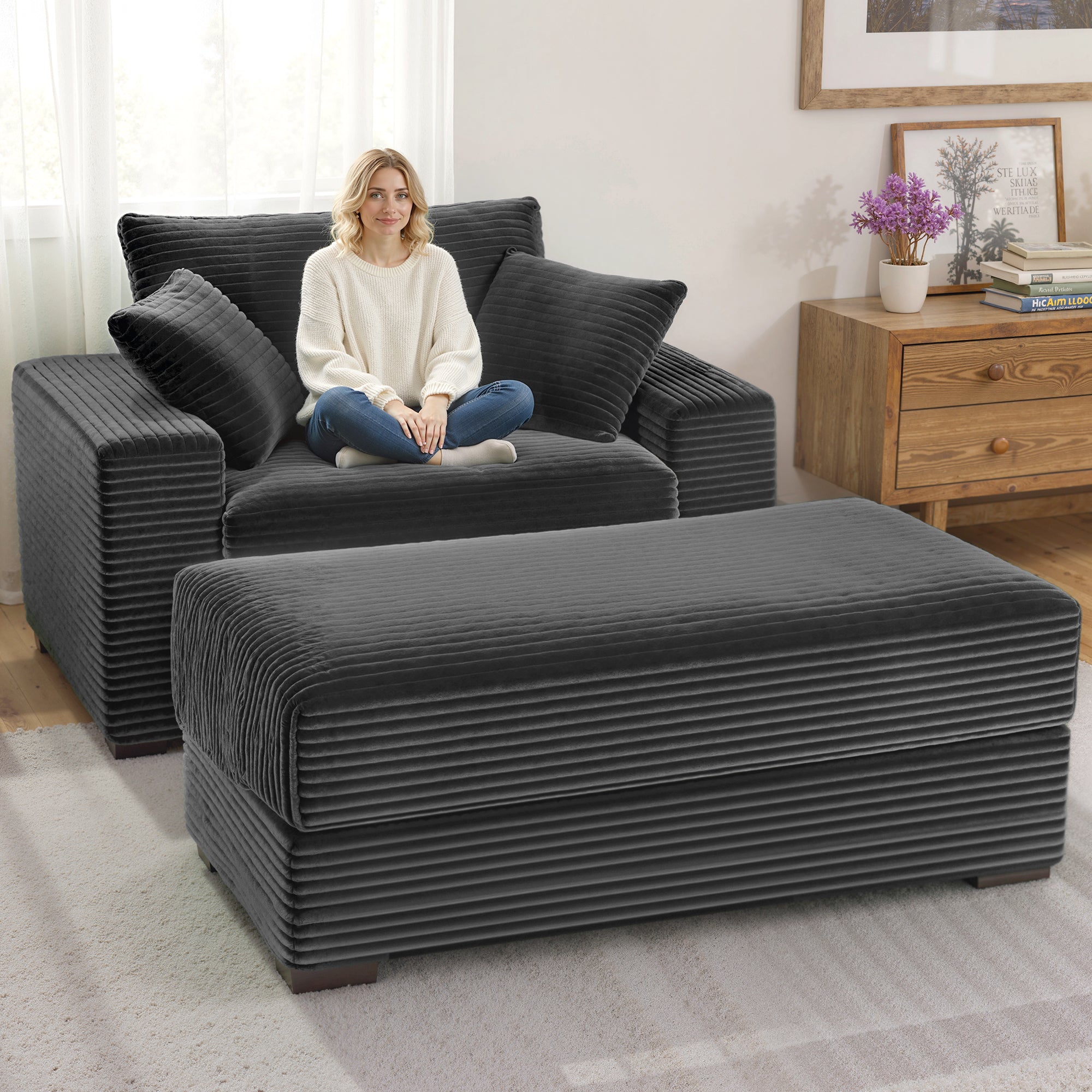 Advwin Chaise Lounge with Storage Ottoman Wide-Rib