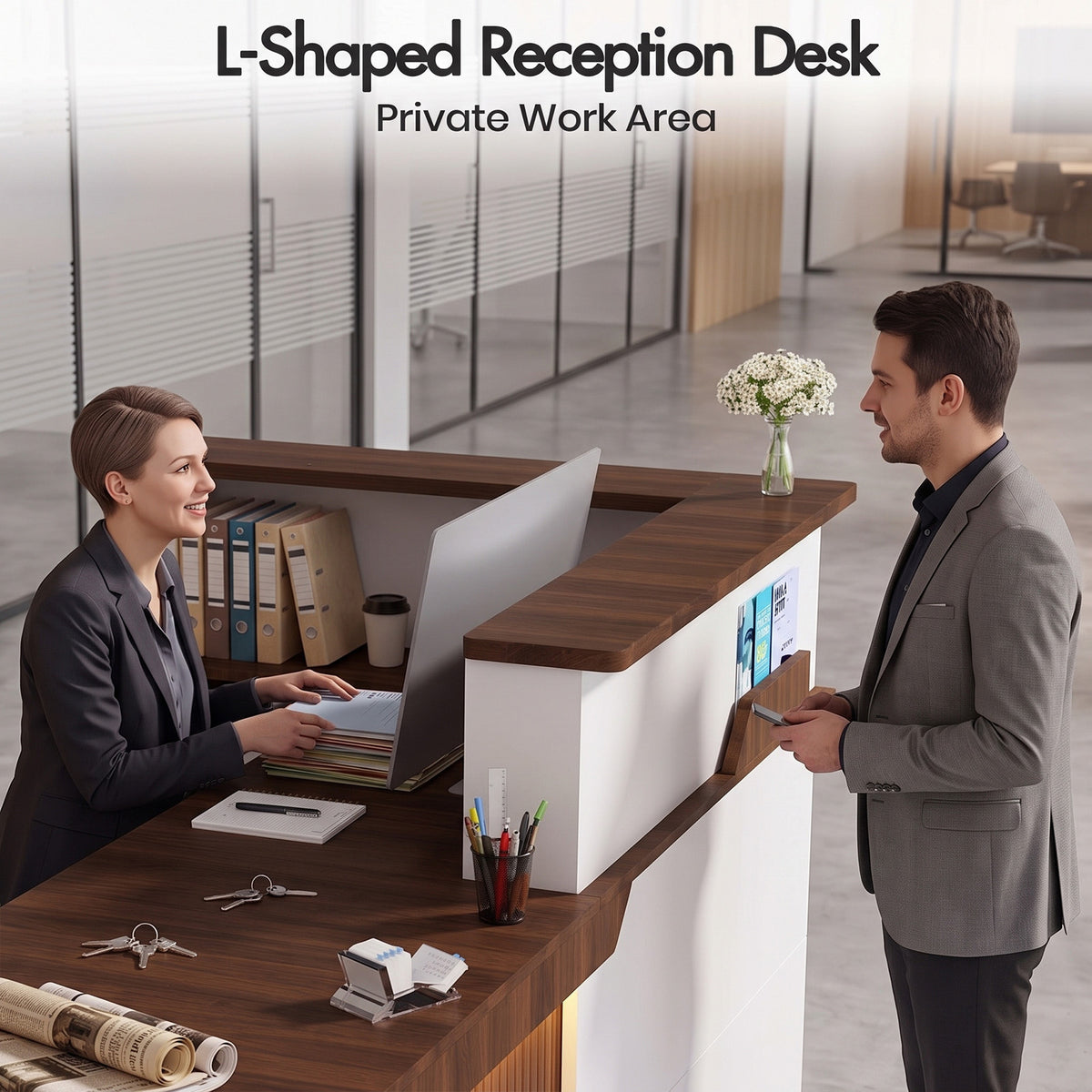 Advwin L-Shape Fluted Reception Desk w/ Counter & LED