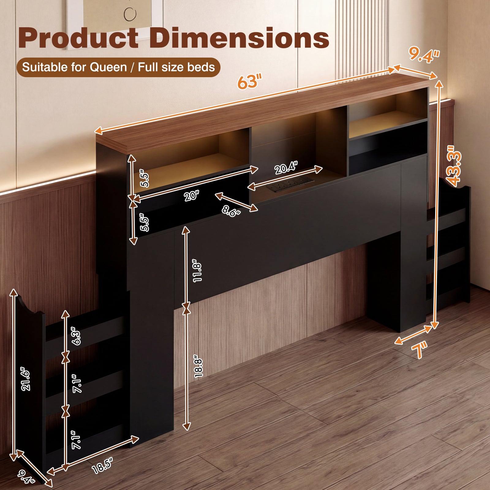 Advwin 63" Headboard w/ Extendable Storage Racks