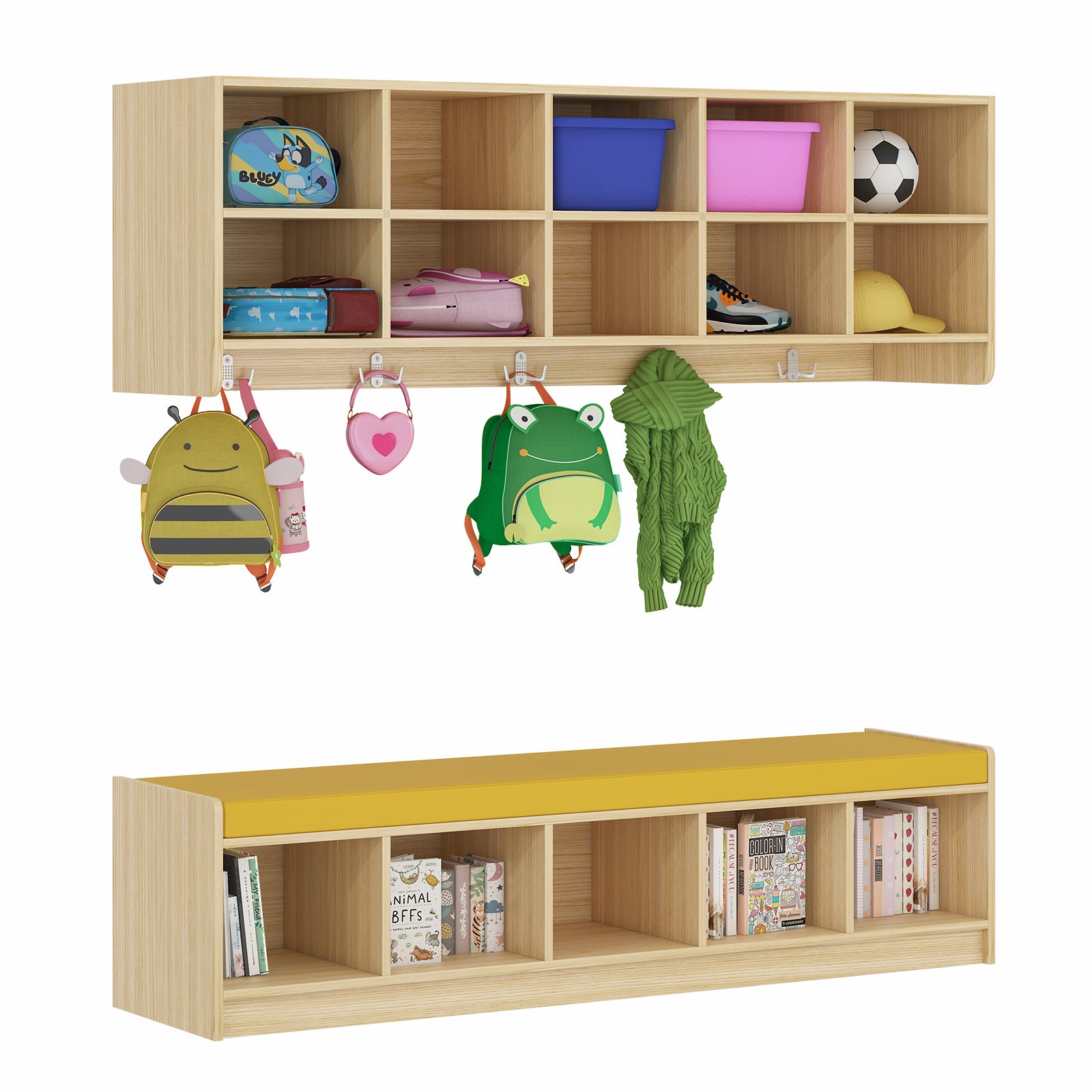 Advwin 10-Section Wall Cubbies w/Hooks & Bench