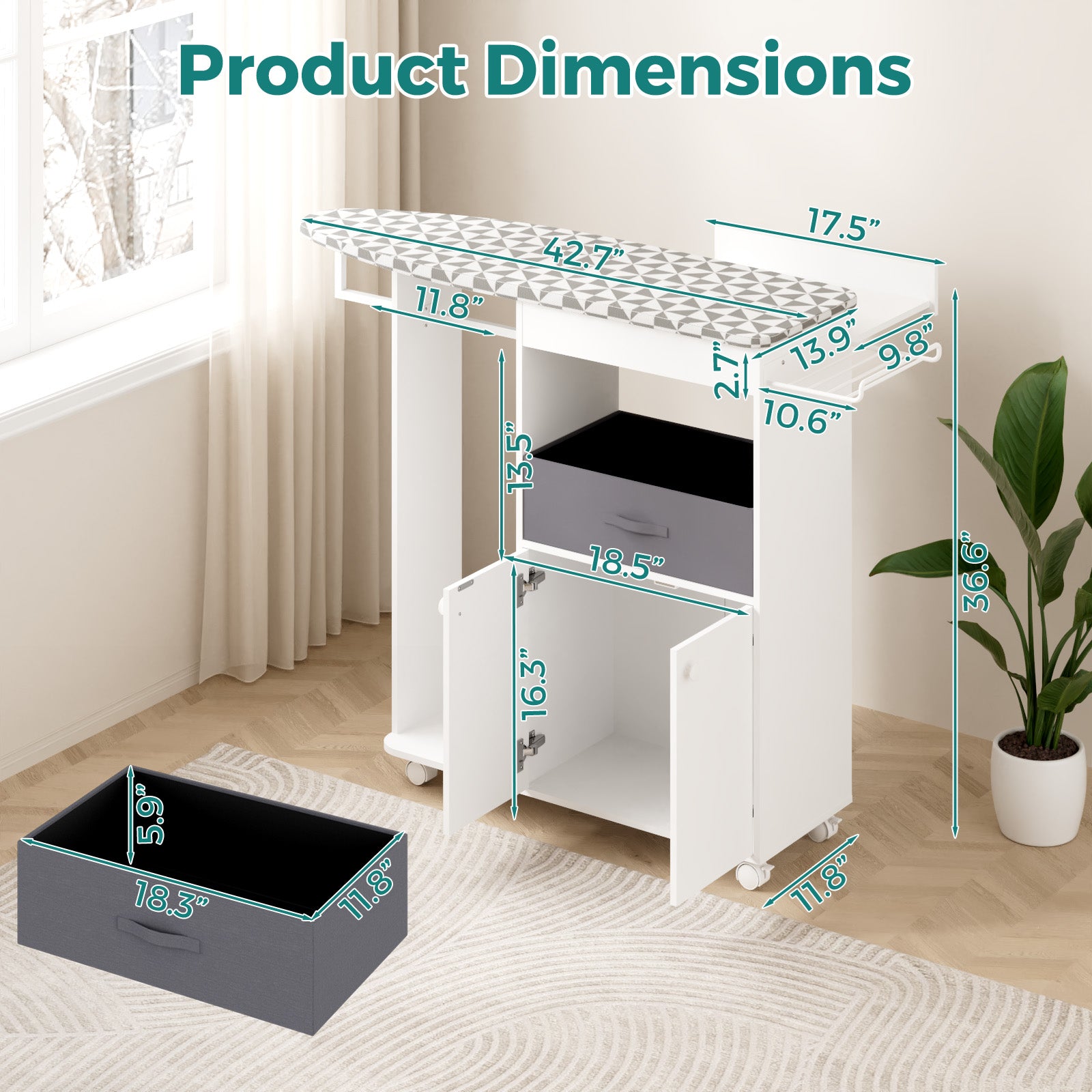 Advwin Rolling Ironing Board with Storage Cabinet