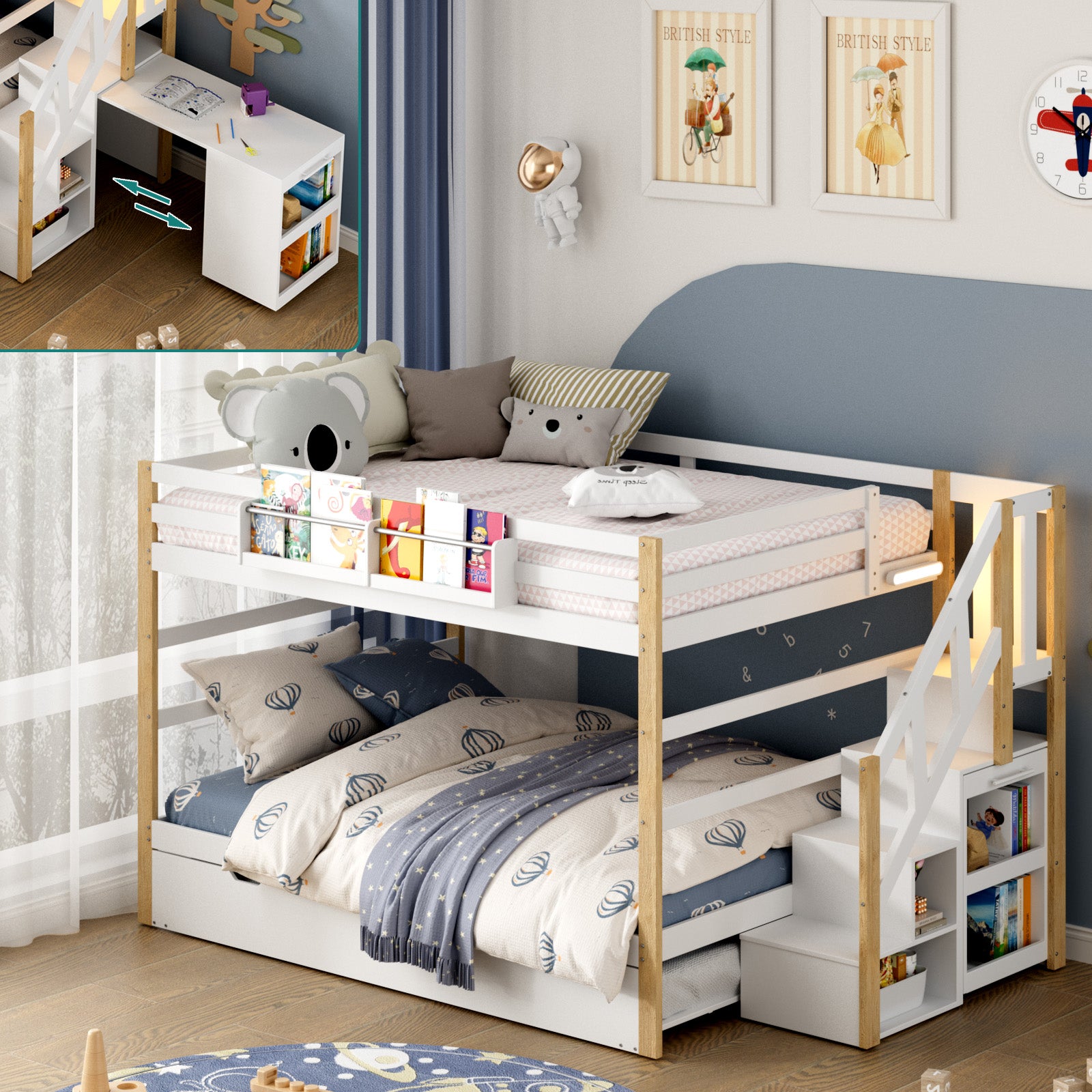 Children's bunk bed with storage drawers in a room setting