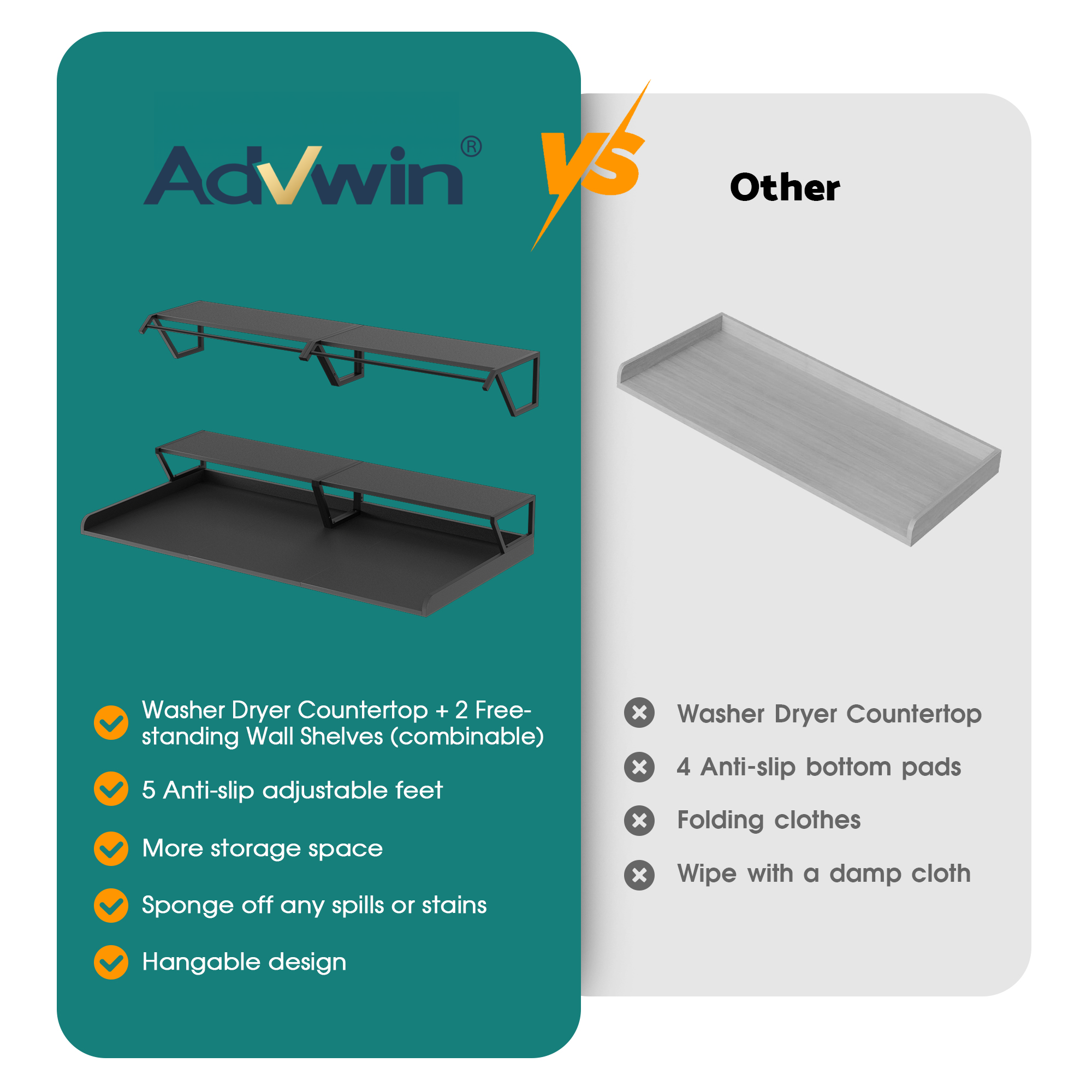 Advwin Washer Dryer Countertop with Hanging Rod