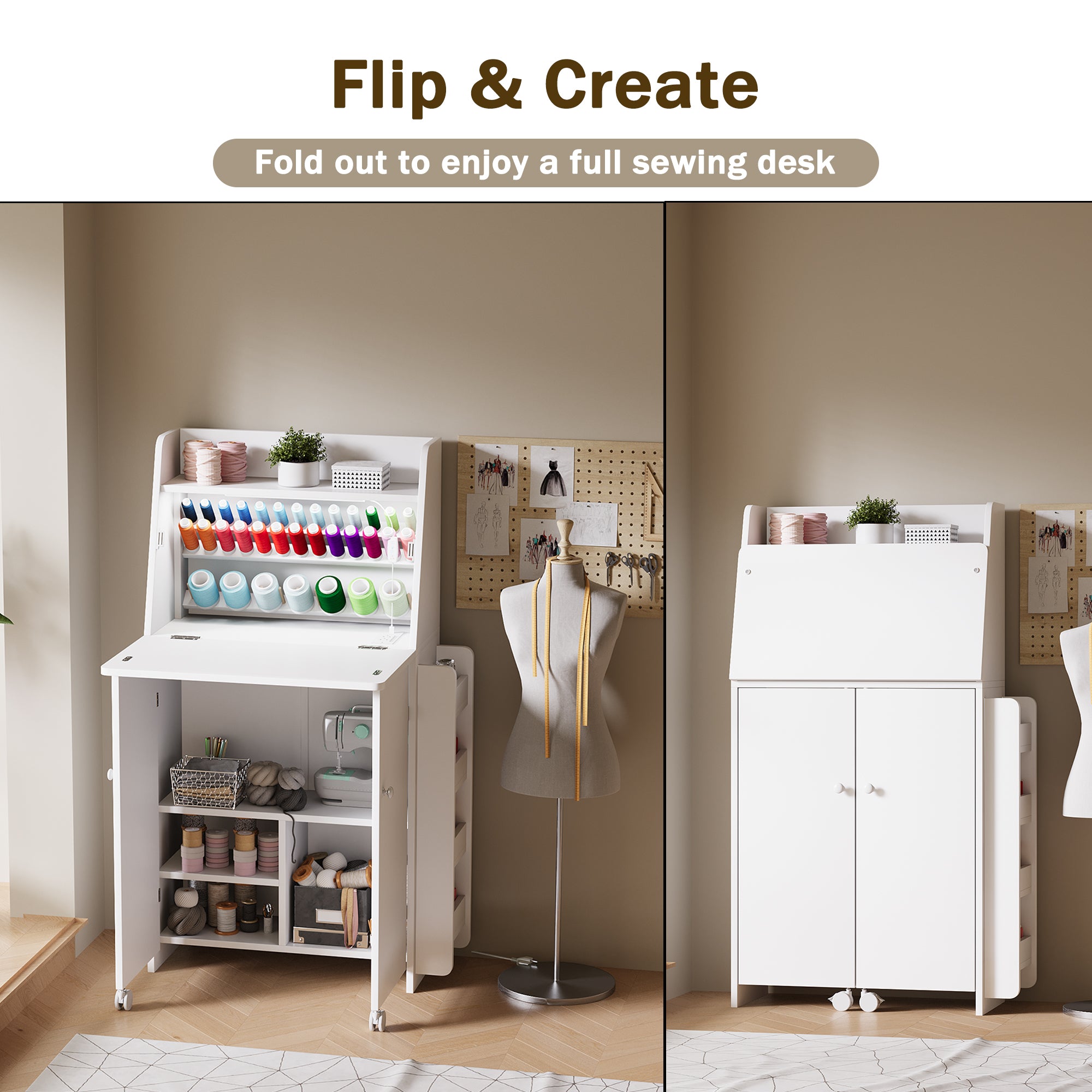 Foldable sewing desk with various items and a mannequin, shown open and closed.