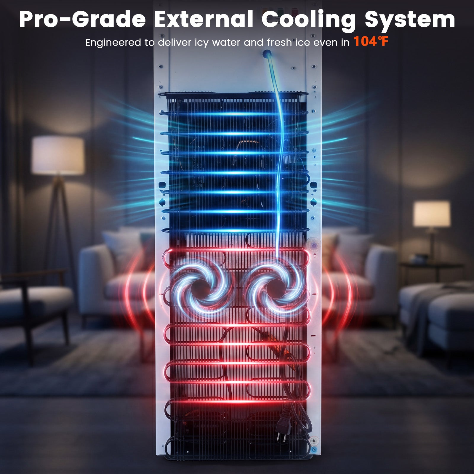 Pro-grade external cooling system with glowing blue and red elements in a living room setting.