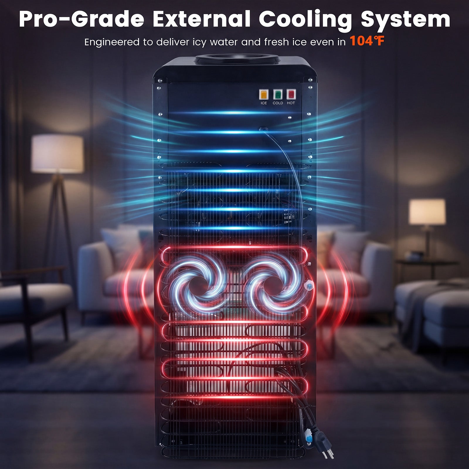 Pro-grade external cooling system with glowing blue and red lights in a room setting.