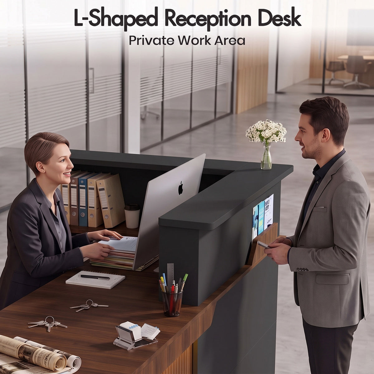 Advwin L-Shape Fluted Reception Desk w/ Counter & LED