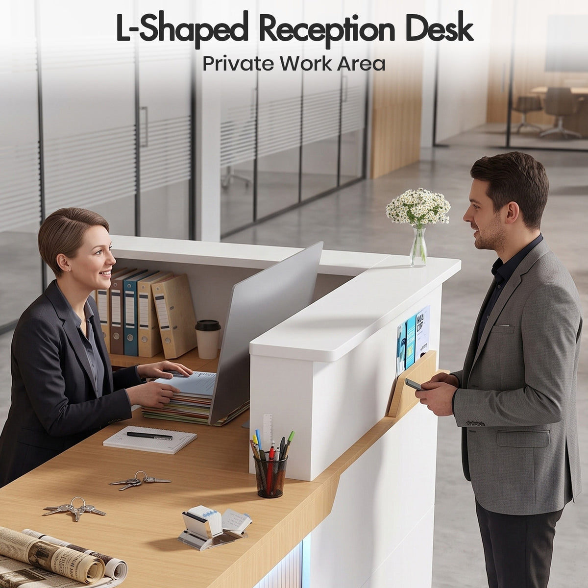 Advwin L-Shape Fluted Reception Desk w/ Counter & LED