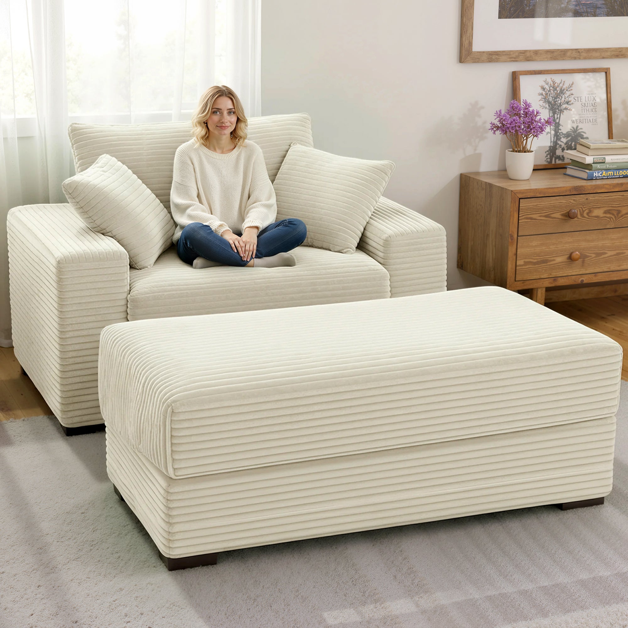 Advwin Chaise Lounge with Storage Ottoman Wide-Rib