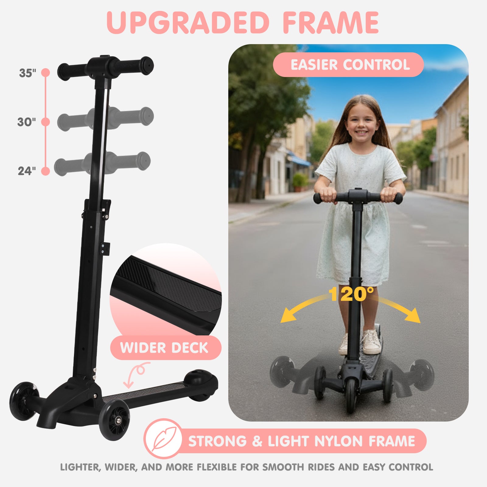 Children's scooter with upgraded frame features and a child using the scooter on a street.