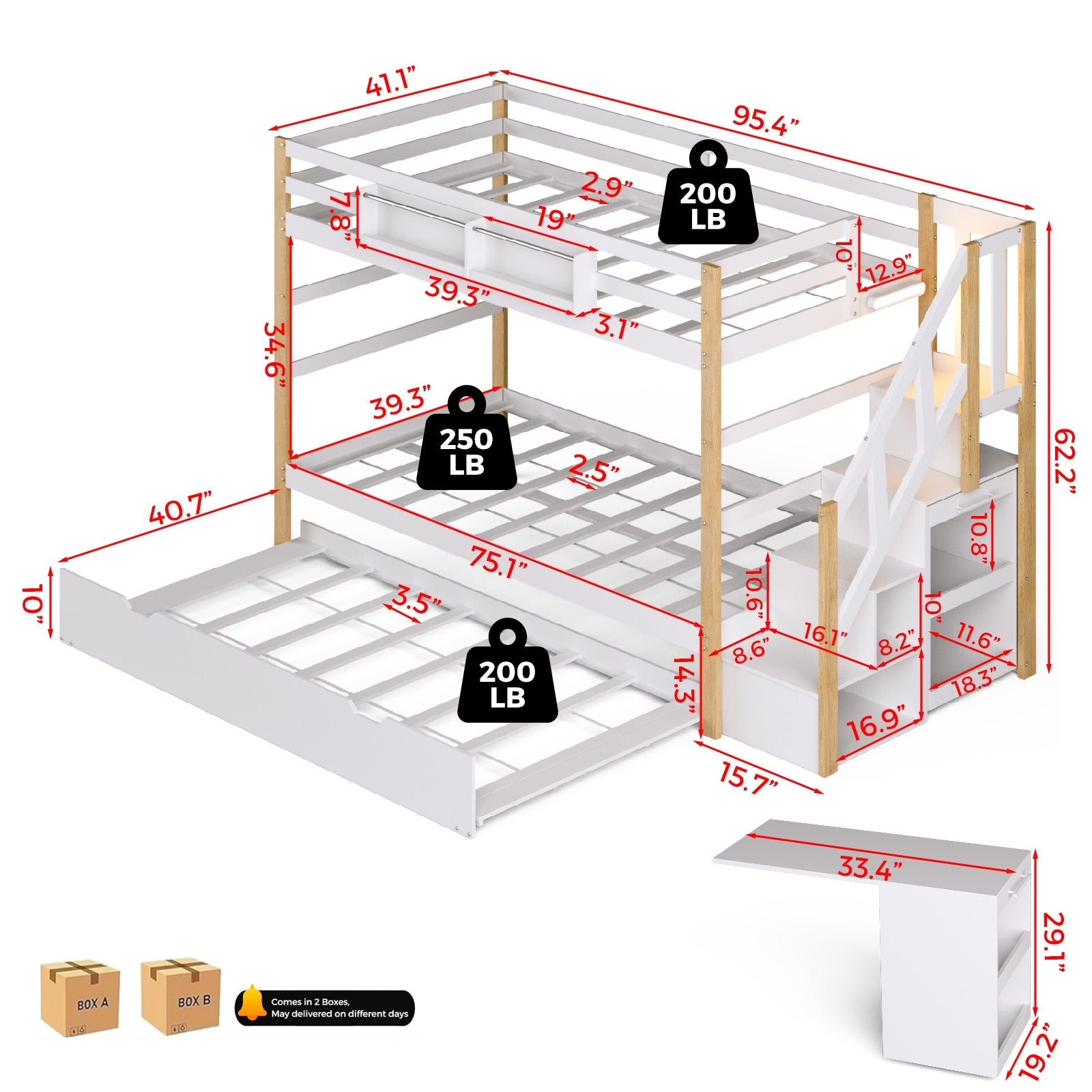 Measurement chart of a wooden bunk bed with dimensions and weight capacity labels.
