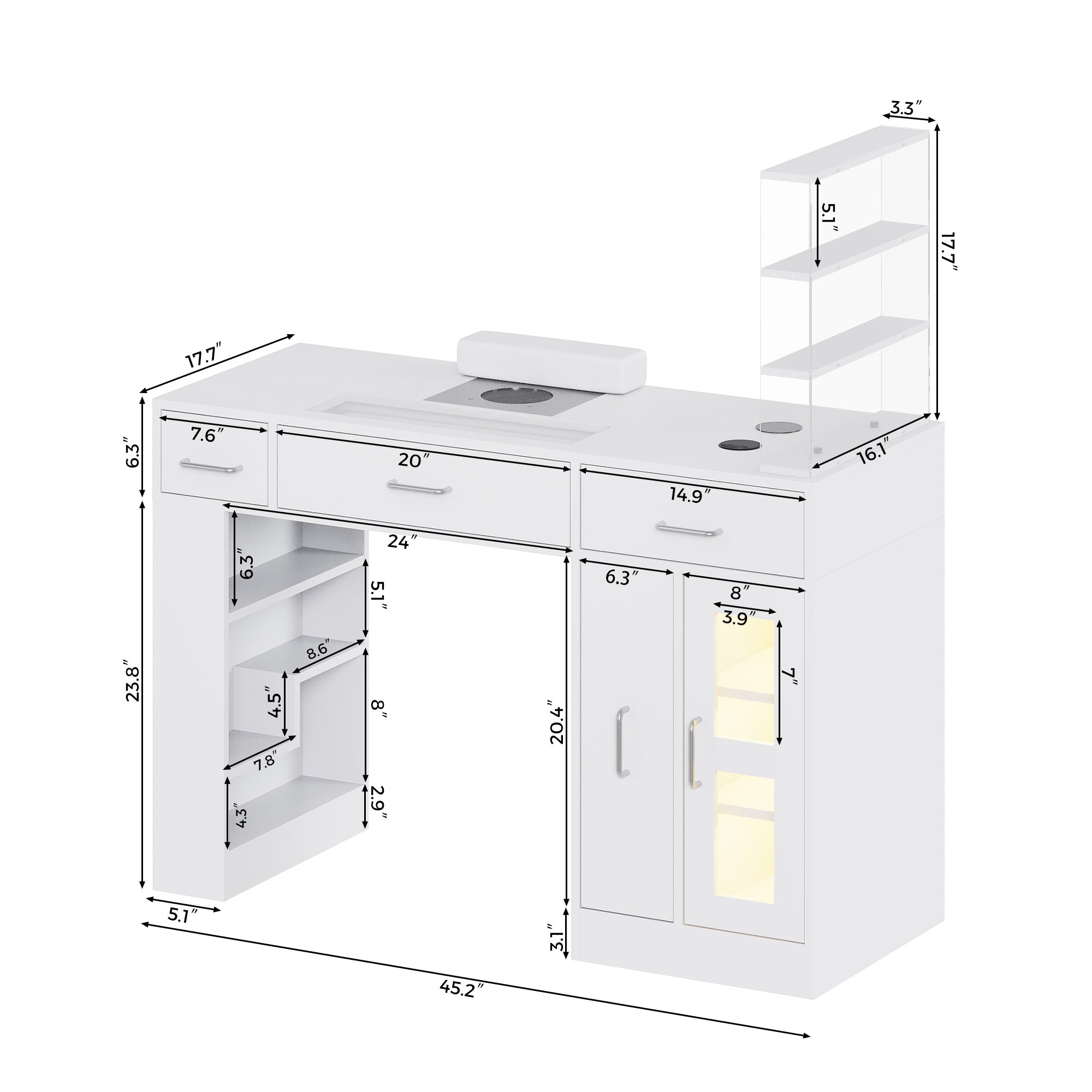 Advwin Acetone-Resistant Manicure Table w/Movable Shelves