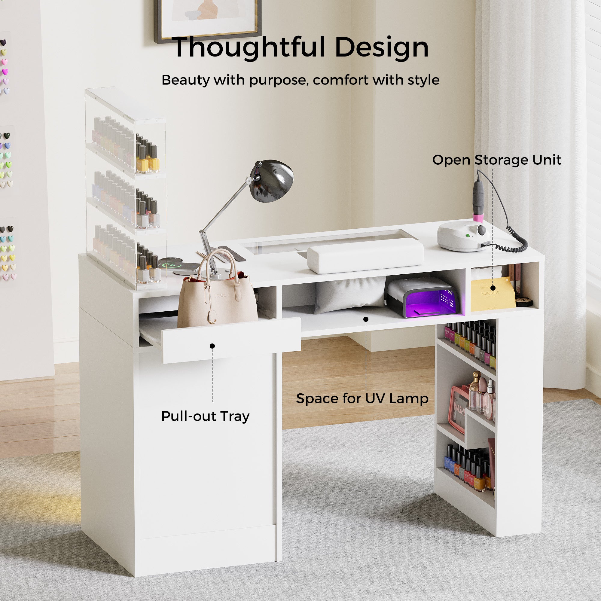 Advwin Acetone-Resistant Manicure Table w/Movable Shelves