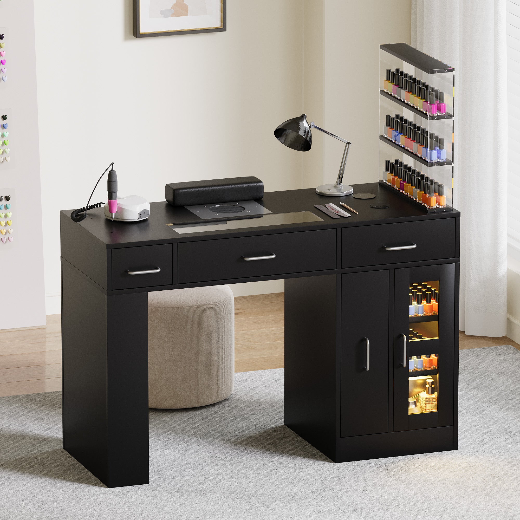 Advwin Acetone-Resistant Manicure Table w/Movable Shelves