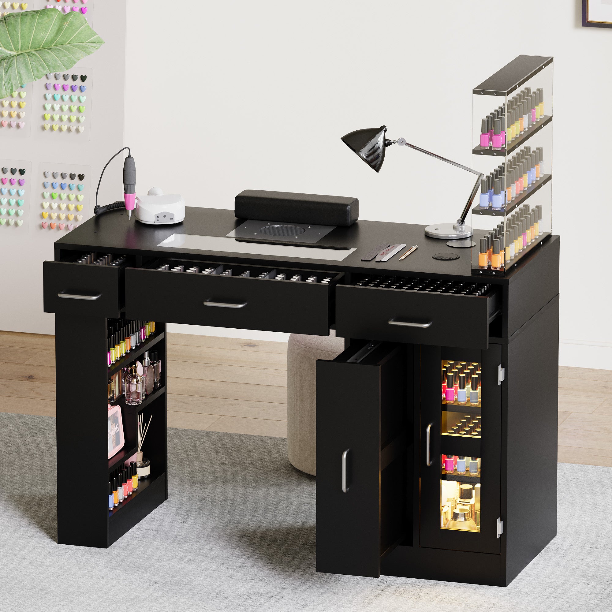 Advwin Acetone-Resistant Manicure Table w/Movable Shelves