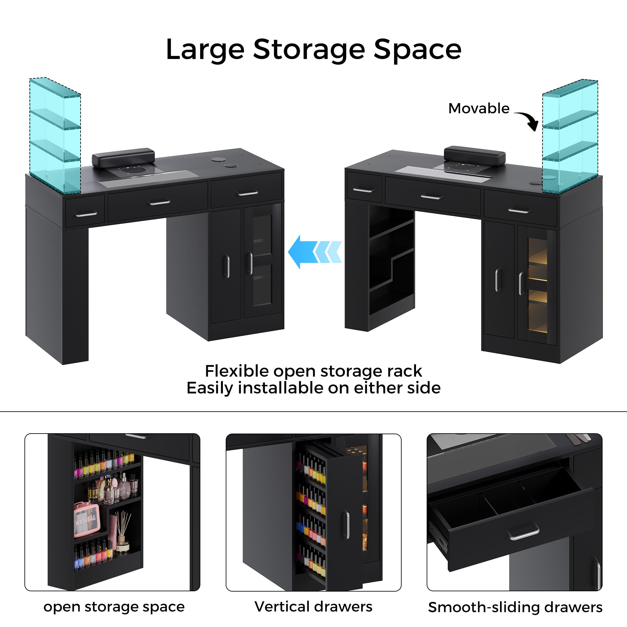 Advwin Acetone-Resistant Manicure Table w/Movable Shelves