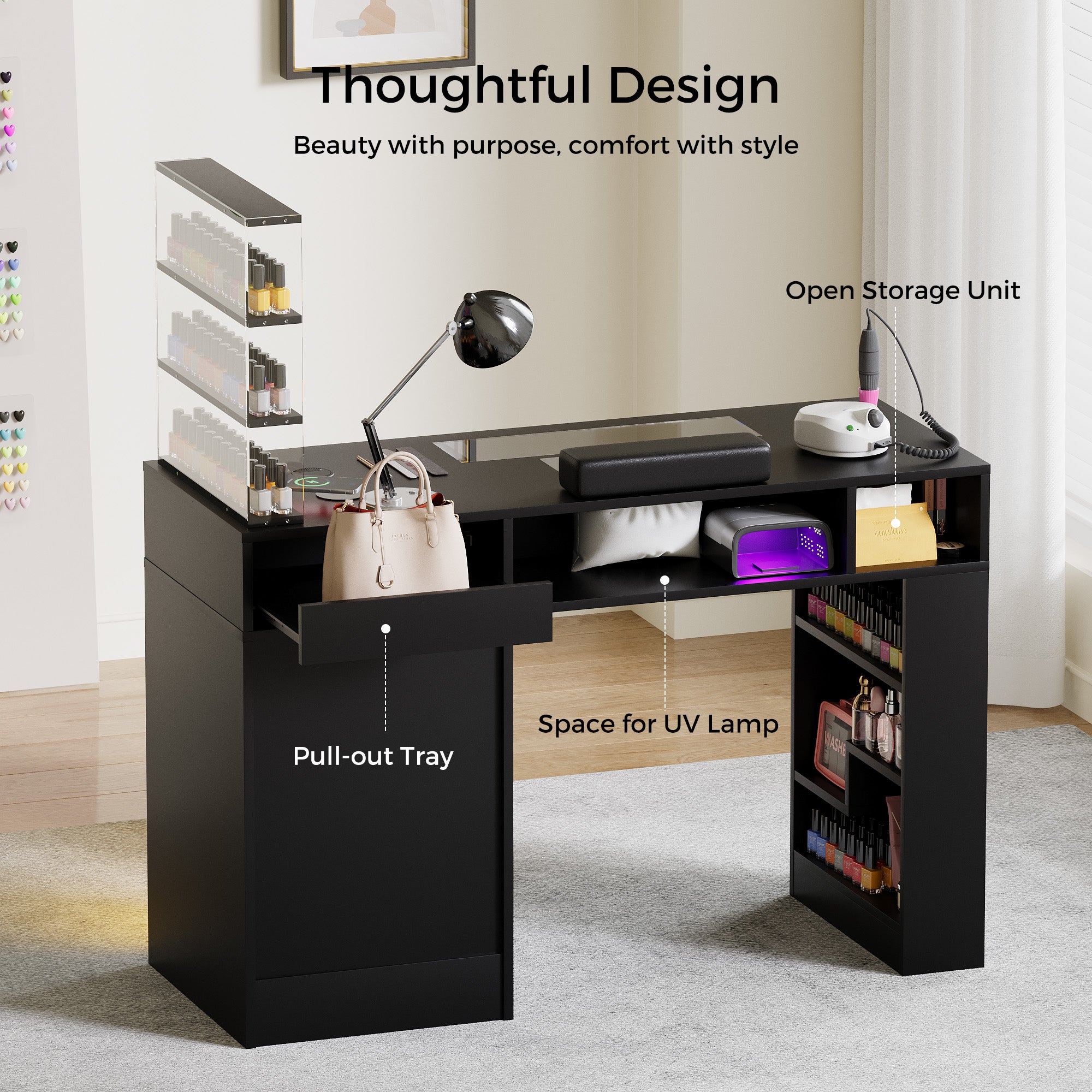 Advwin Acetone-Resistant Manicure Table w/Movable Shelves