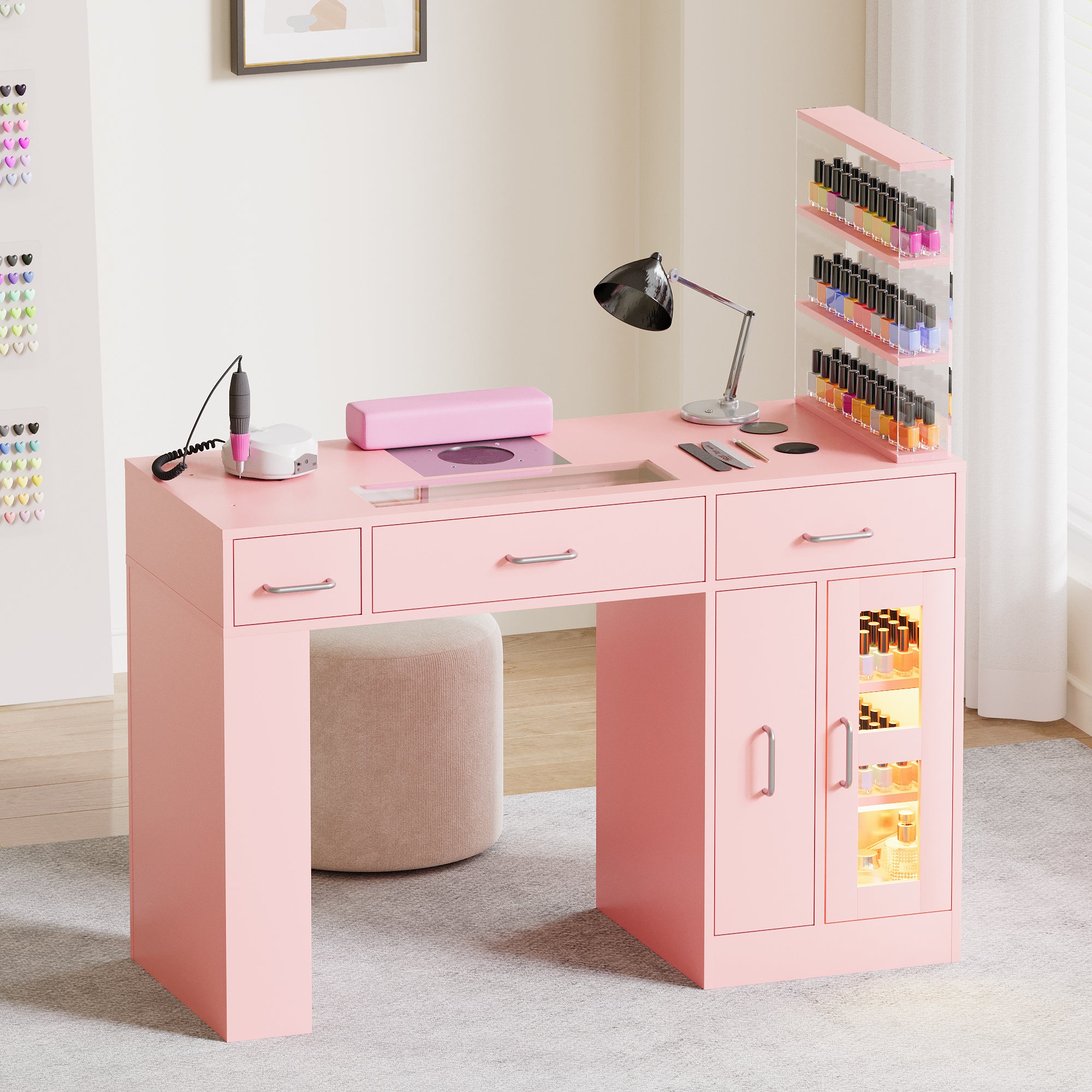 Advwin Acetone-Resistant Manicure Table w/Movable Shelves