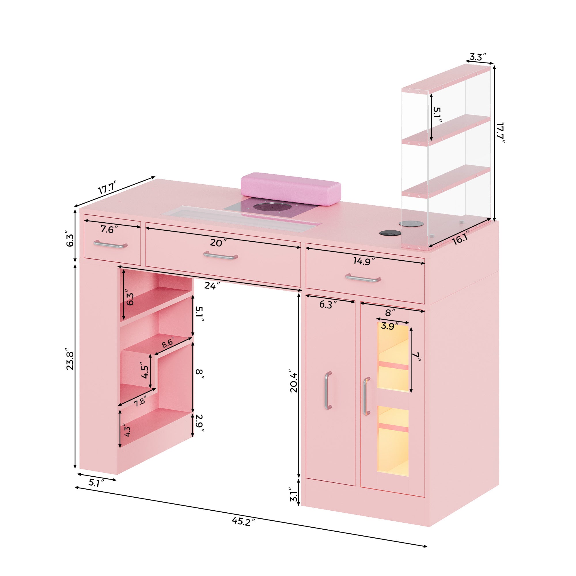 Advwin Acetone-Resistant Manicure Table w/Movable Shelves