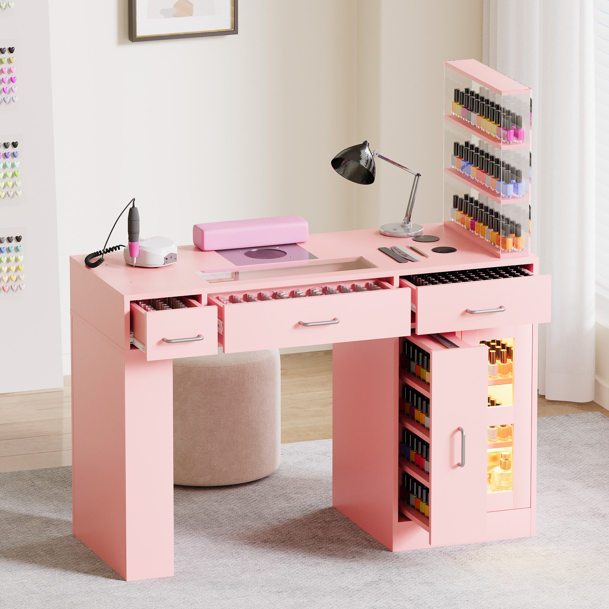 Advwin Acetone-Resistant Manicure Table w/Movable Shelves