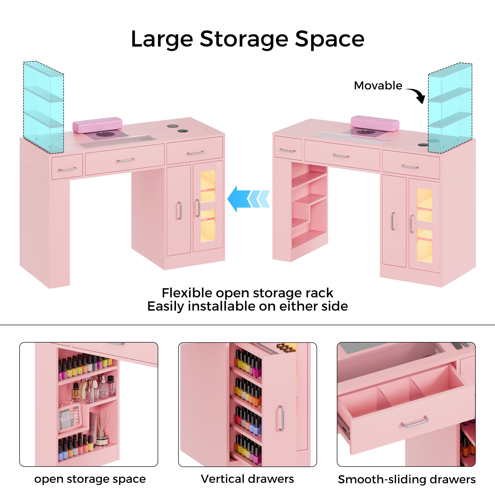 Advwin Acetone-Resistant Manicure Table w/Movable Shelves