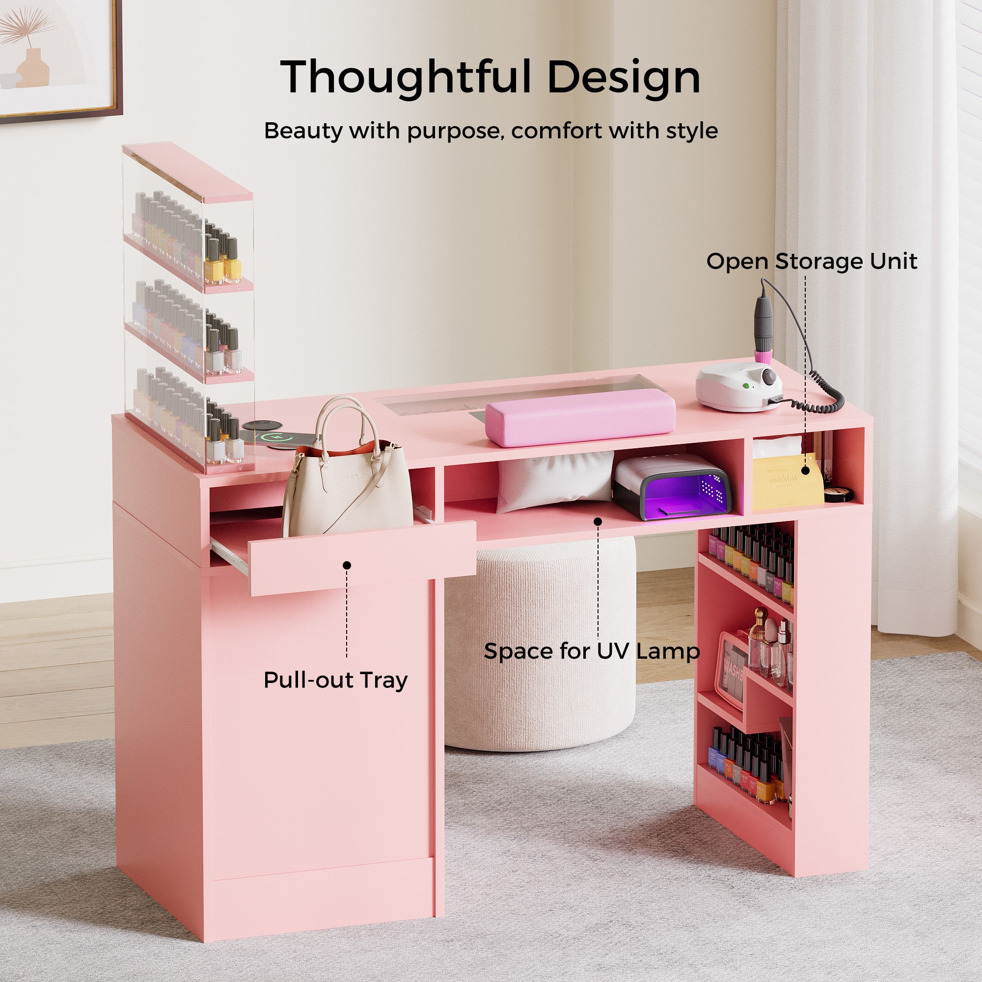 Advwin Acetone-Resistant Manicure Table w/Movable Shelves