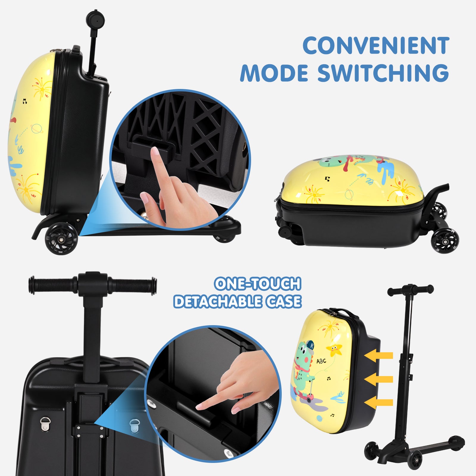 Multifunctional suitcase with scooter attachment and mode switching features.