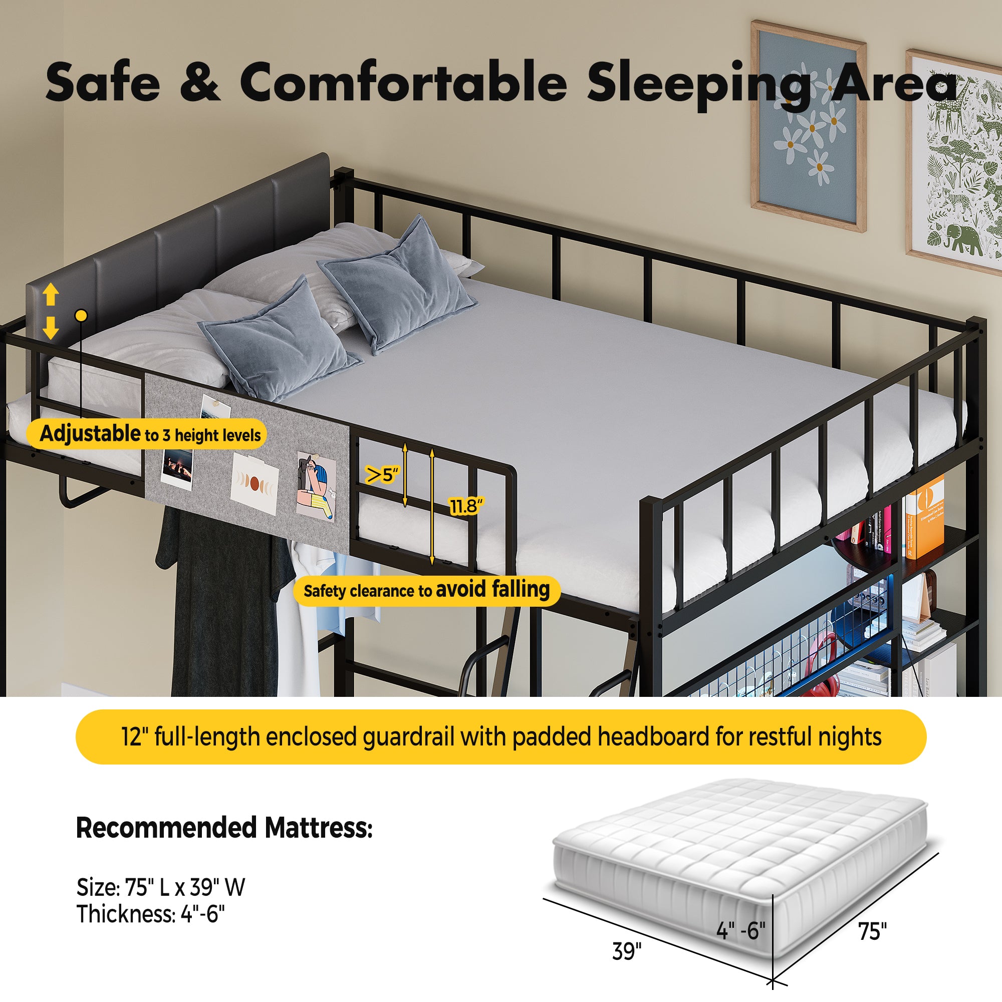 Bunk bed with safety features and mattress dimensions displayed