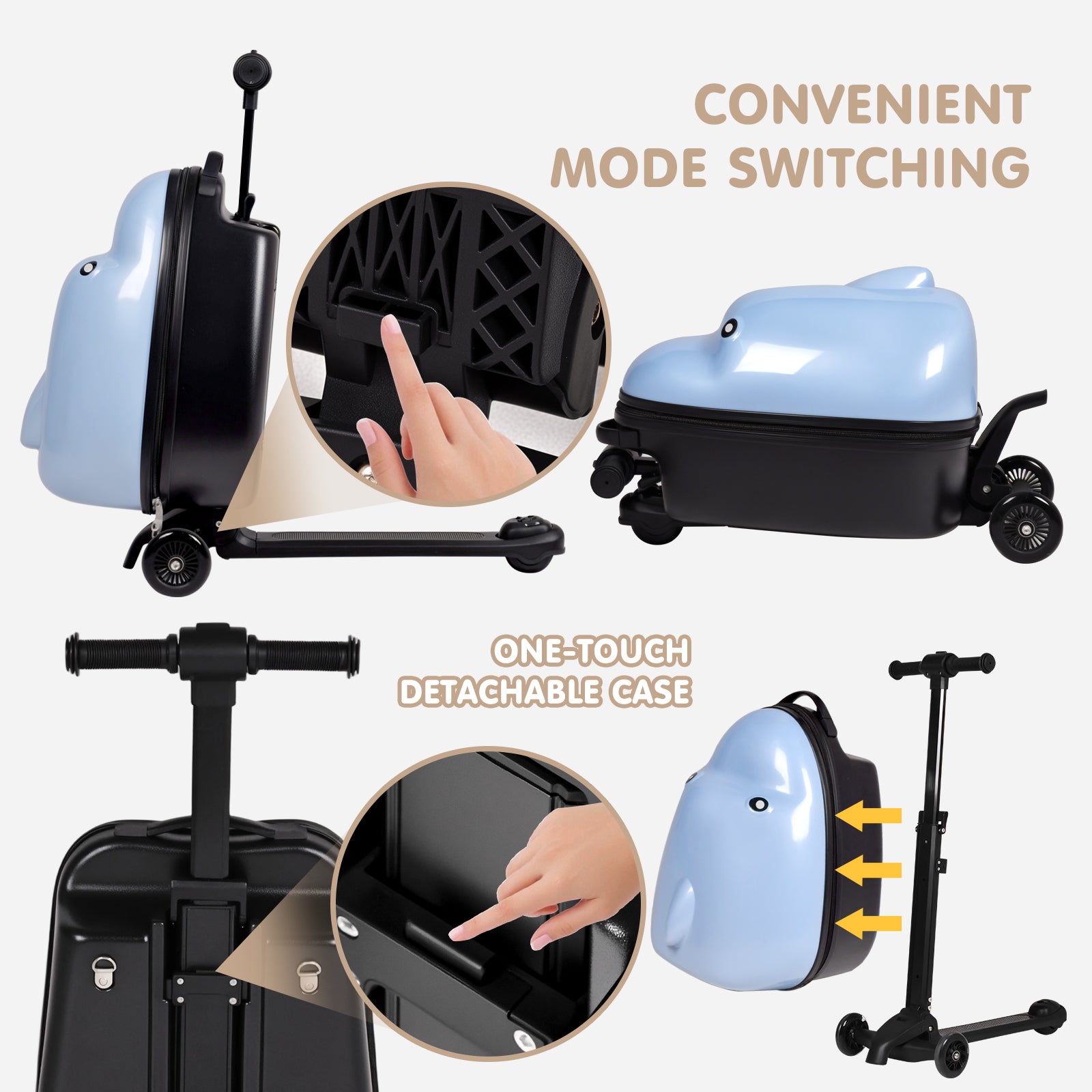 Multifunctional device with scooter and suitcase features, showing mode switching and detachable case.