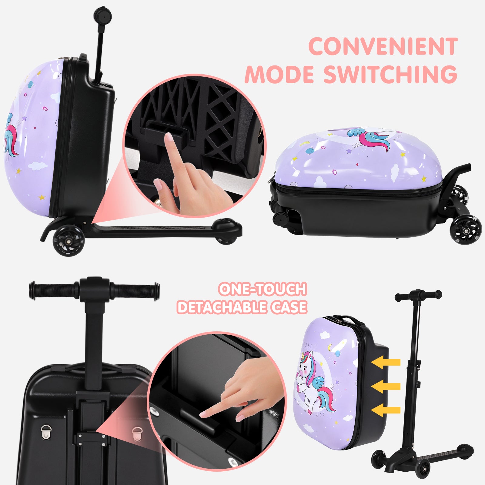 Children's scooter with detachable case featuring unicorn design, mode switching illustration, and one-touch feature.