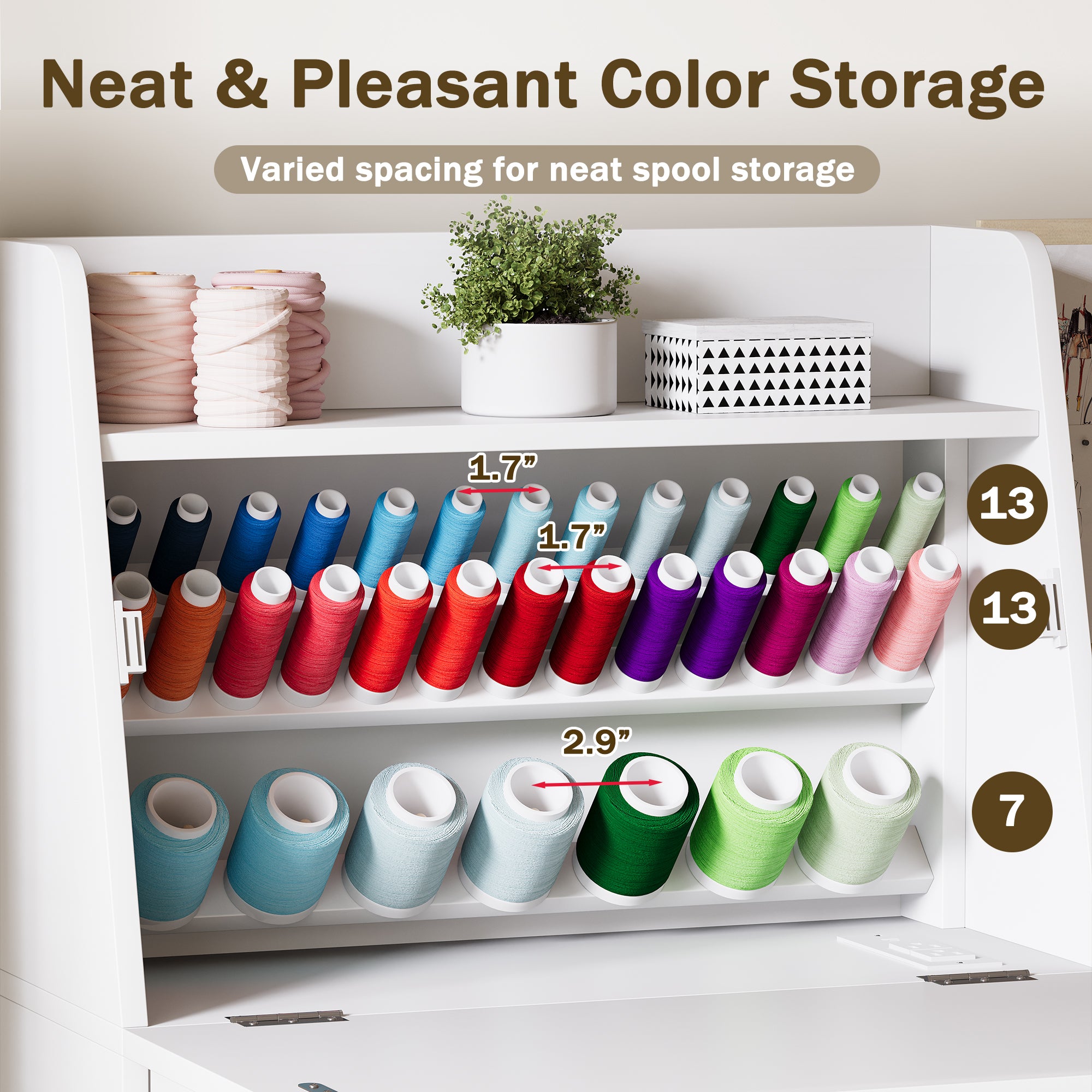Thread storage shelf with colorful spools of thread and measurements on a white background