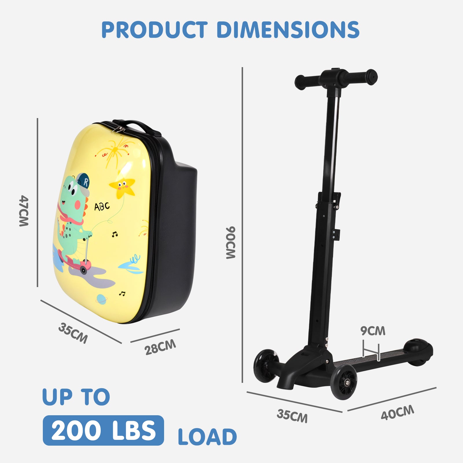 Dimensions of a scooter and a yellow case with cartoon characters, showing product dimensions and weight capacity.
