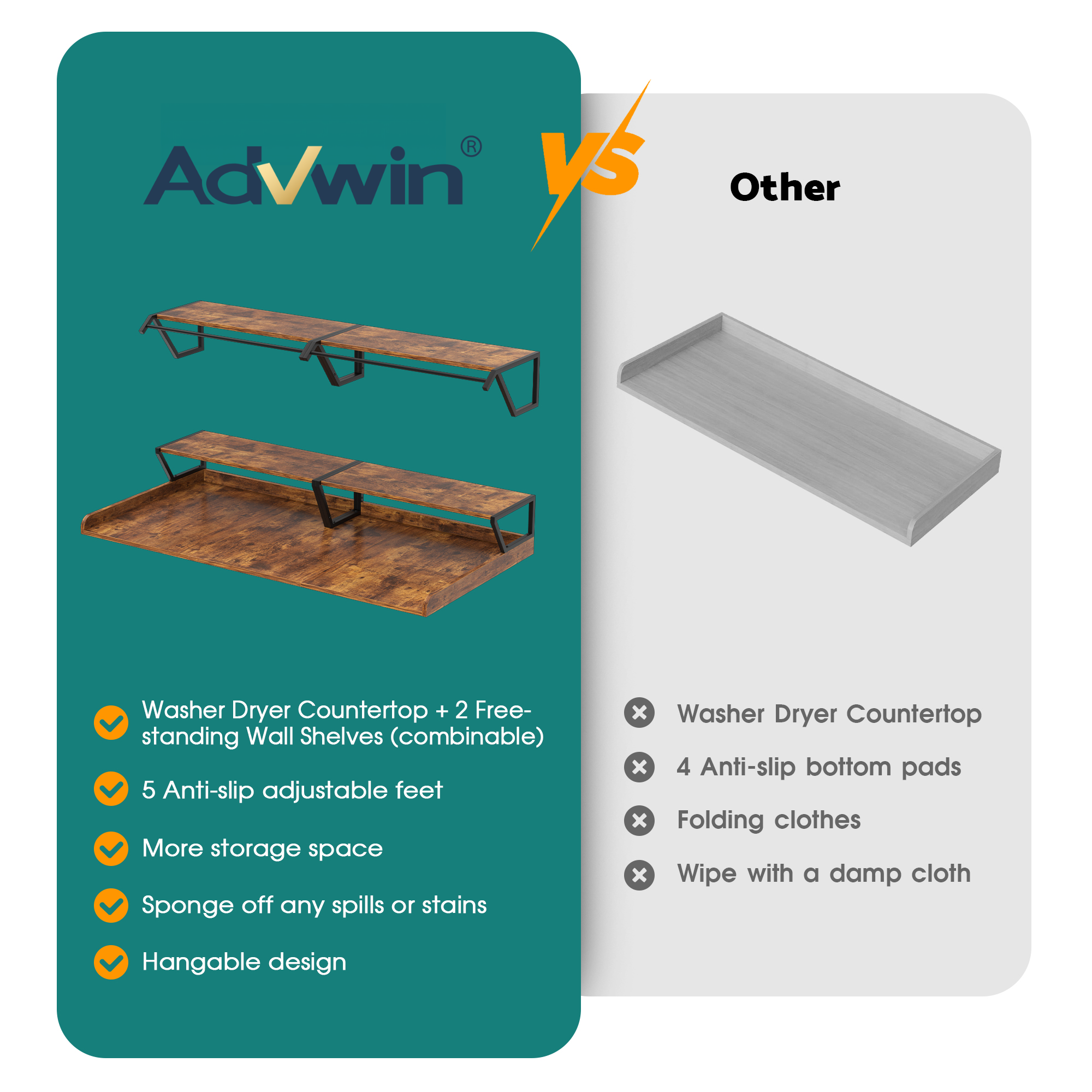 Advwin Washer Dryer Countertop with Hanging Rod